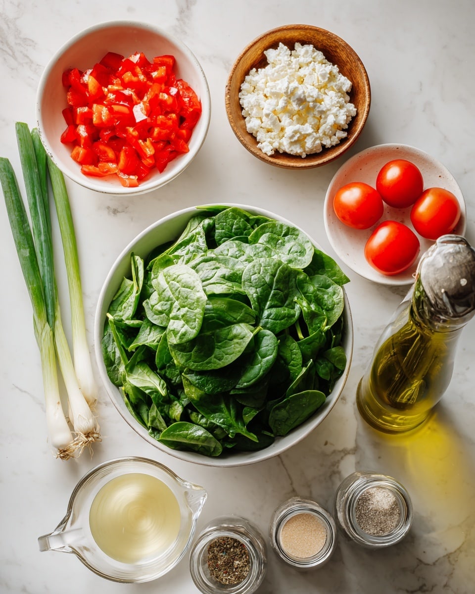 The image shows several white bowls and containers arranged neatly on a white marbled surface. At the center is a large white bowl filled with fresh, dark green baby spinach leaves. To the upper left, there is a small white bowl filled with bright red, chopped bell peppers, next to a small wooden bowl holding crumbly white feta cheese. Above the spinach, a white bowl contains shiny, red grape tomatoes. On the far left, a single green onion lies flat on the surface. Below the spinach bowl, a clear measuring cup holds pale yellow egg whites. In front of the measuring cup, there are three spice containers: a clear jar with light-colored garlic powder, a clear jar with brownish-green Italian seasoning, and a small clear salt and pepper grinder. To the right of the spinach bowl, stands a tall green and white bottle of avocado oil. The scene is well lit, colors are bright and fresh, with everything arranged clearly and cleanly, photo taken with an iphone --ar 4:5 --v 7