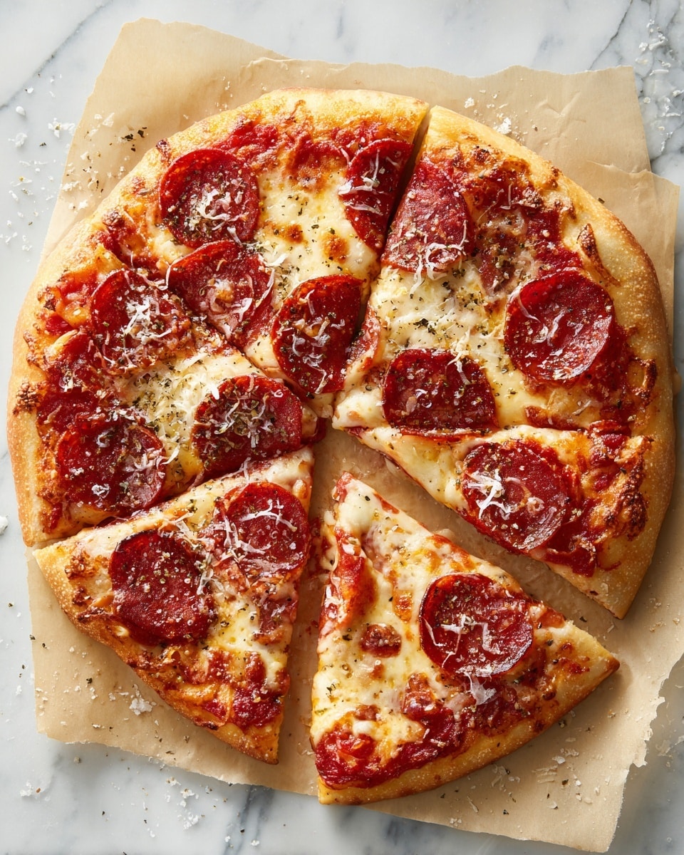 A round pizza with three visible layers: a thin light golden crust on the bottom, a layer of melted cheese with bubbly and slightly browned spots in the middle, and topped with evenly spread dark red pepperoni slices, some curling at the edges with a sprinkle of shredded light brown seasoning on top. The pizza is on a sheet of light brown parchment paper inside a white baking tray, all placed on a white marbled surface. photo taken with an iphone --ar 4:5 --v 7