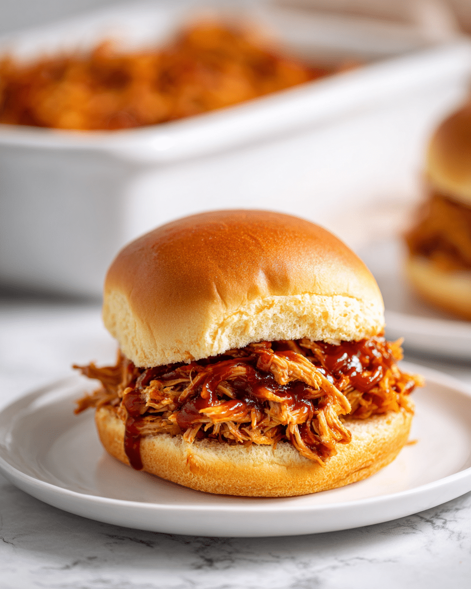 A close-up of a sandwich with two soft, shiny golden brown buns on top and bottom, filled with a thick layer of shredded, saucy meat in rich reddish-brown barbecue sauce. The sandwich sits on a white plate with a smooth texture, and behind it is a white bowl filled with more saucy shredded meat, all placed on a white marbled surface. photo taken with an iphone --ar 4:5 --v 7