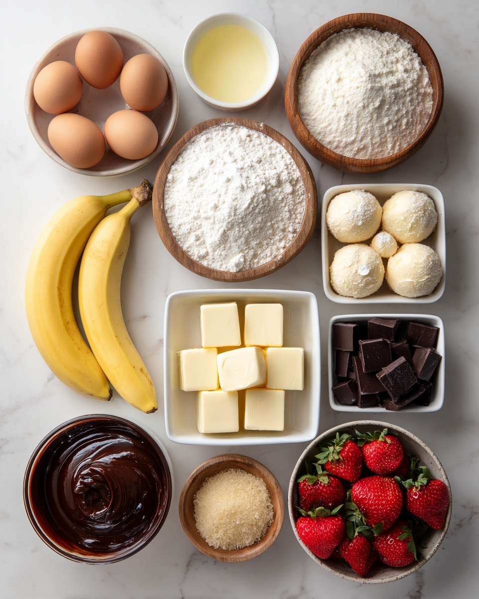 The image shows a neat arrangement of eleven bowls and containers on a white marbled surface. At the center, there are two circular bowls; the top one holds white flour with a fine texture and the bottom one contains a coarser white powder. To the left, there is a container with four brown eggs and beside it, a bowl with pale yellow liquid. Directly below, two yellow bananas are placed. To the right of the flour bowls, a square container holds four cream-filled round pastries, and next to it, a bowl with black chocolate chunks. Below the chocolate, there is a bowl with thick, glossy dark brown chocolate spread and beside it, a bowl with several pale yellow butter squares. Above the chocolate spread, there is a tiny bowl with a brown powder. On the top right side, a bowl holds fresh red strawberries with green tops. All the bowls are white except the wooden one holding the flour. The photo is taken with an iphone --ar 4:5 --v 7