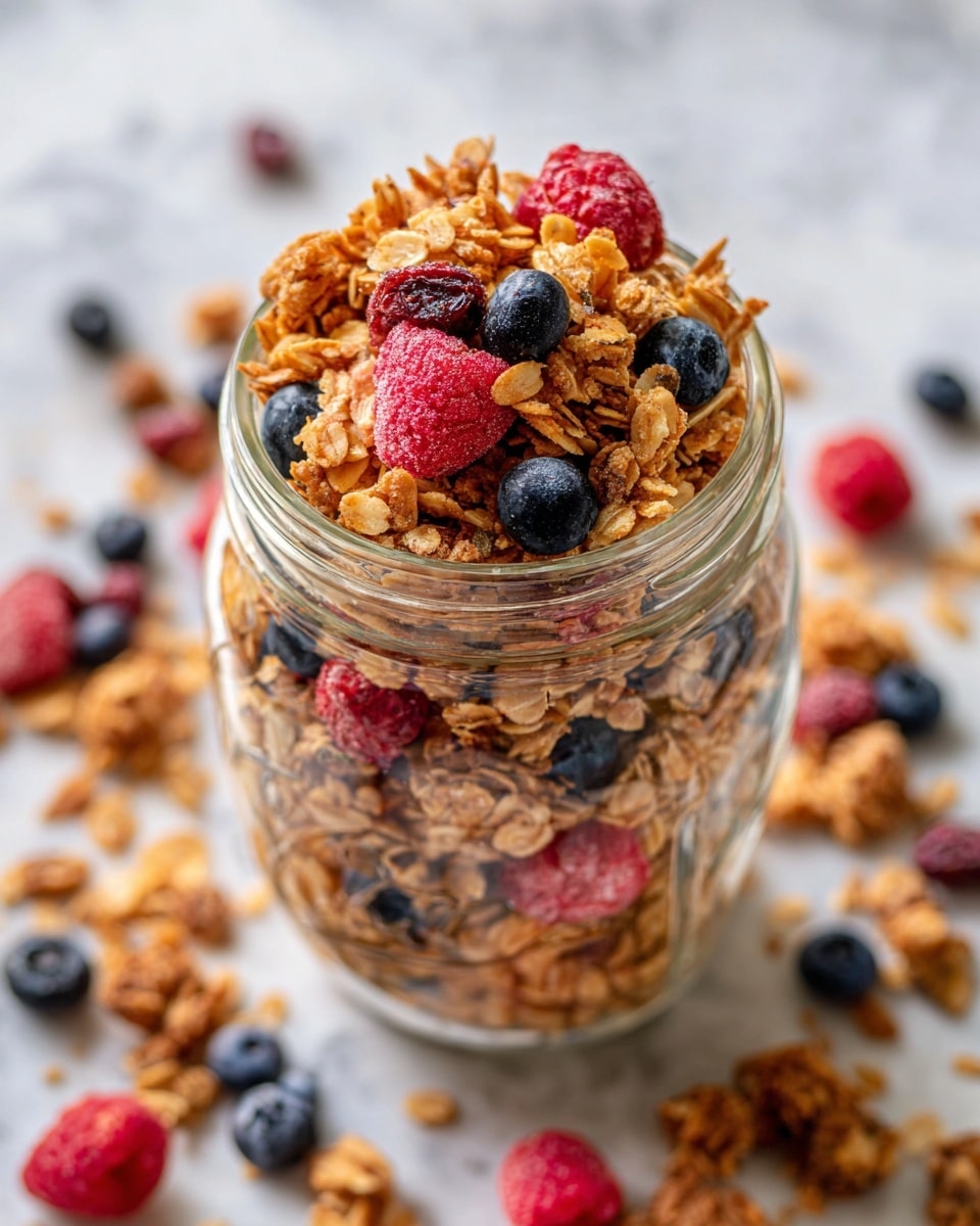 A clear glass jar filled with a mix of golden brown granola clusters and bright red and dark purple dried berries. The granola has a rough texture with oats visible, and it sits on top of some of the berries inside the jar. The jar is placed on a wooden surface, with some scattered berries around it. In the background, there is a tray of granola, slightly out of focus. The overall setting has a warm and natural feel. photo taken with an iphone --ar 4:5 --v 7