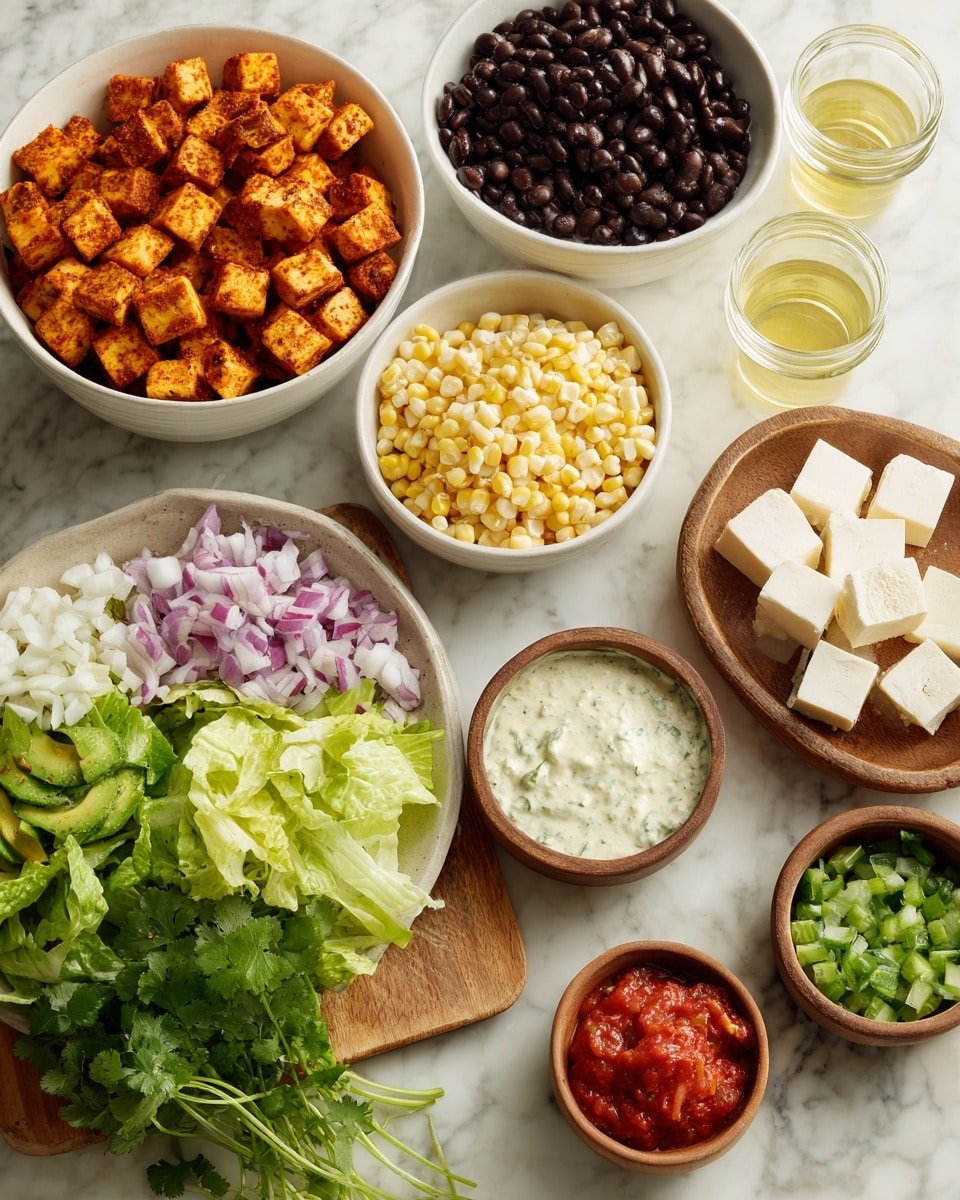 There are several bowls and ingredients arranged neatly on a white marbled surface. Starting from the top left, a white bowl filled with orange-brown cubes of seasoned tofu sits next to another white bowl with halved bright red cherry tomatoes. Below them, there is a white bowl with black beans, and next to it are two glasses of clear yellowish liquid. To the right, a wooden board holds a small brown bowl of white cheese cubes, a bowl with a green onion mixture, and a bowl with red salsa. There is also a small bowl with a creamy, herbed white sauce at the center. To the left side, there is a small brown bowl with light green lettuce, slices of purple onion, a bunch of fresh cilantro, and a larger white bowl with white corn and diced green avocado. The colors contrast well, making the ingredients look fresh and ready to be assembled. Photo taken with an iphone --ar 4:5 --v 7