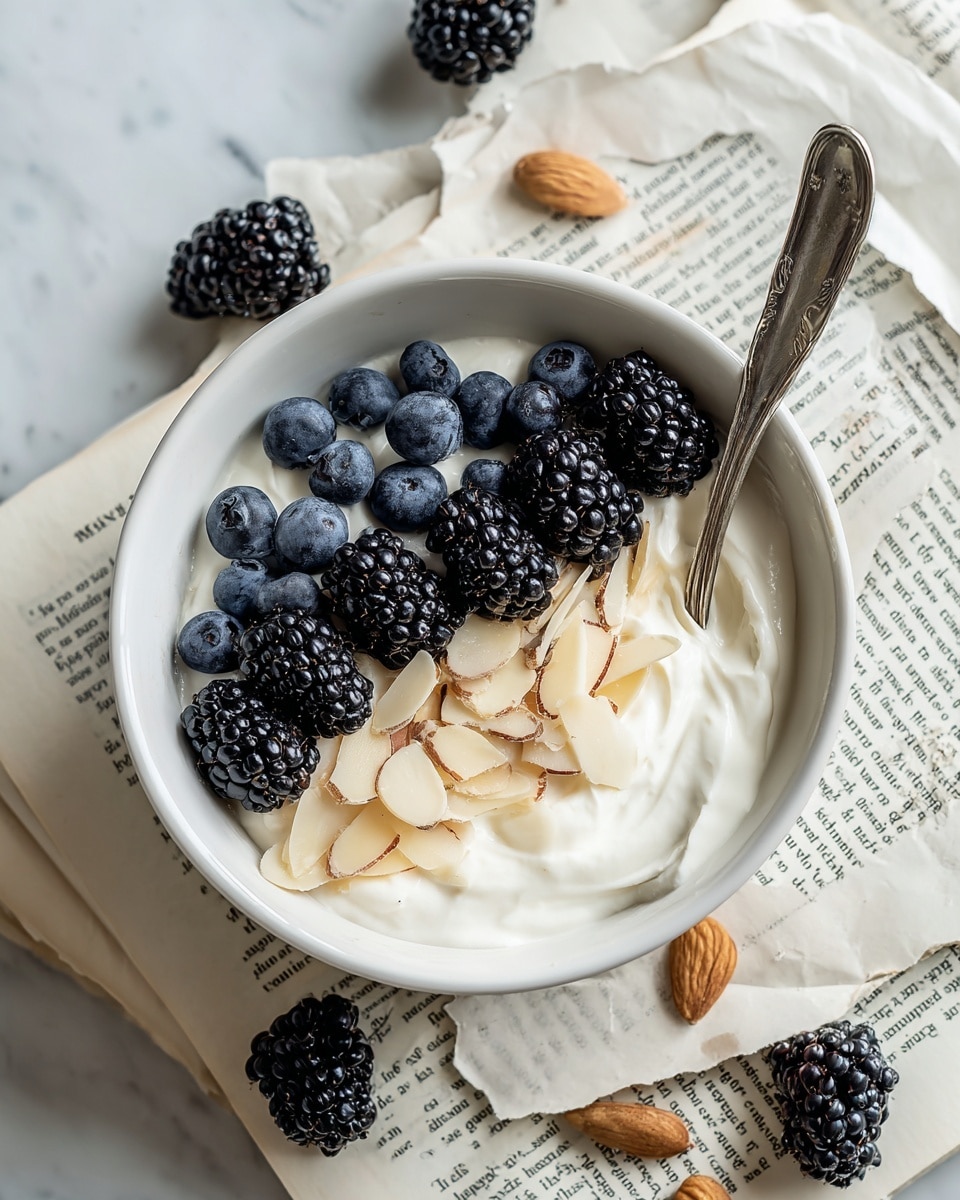 A white bowl filled with a creamy white yogurt base topped with three neat rows of toppings: fresh dark blue blueberries on the left, thin light beige almond slices in the middle, and plump blackberries on the right. A silver spoon is partially submerged on the right side of the bowl. The bowl sits on torn pages of a book, scattered with a few stray almond slices and blackberries, all placed on a white marbled surface. Photo taken with an iphone --ar 4:5 --v 7
