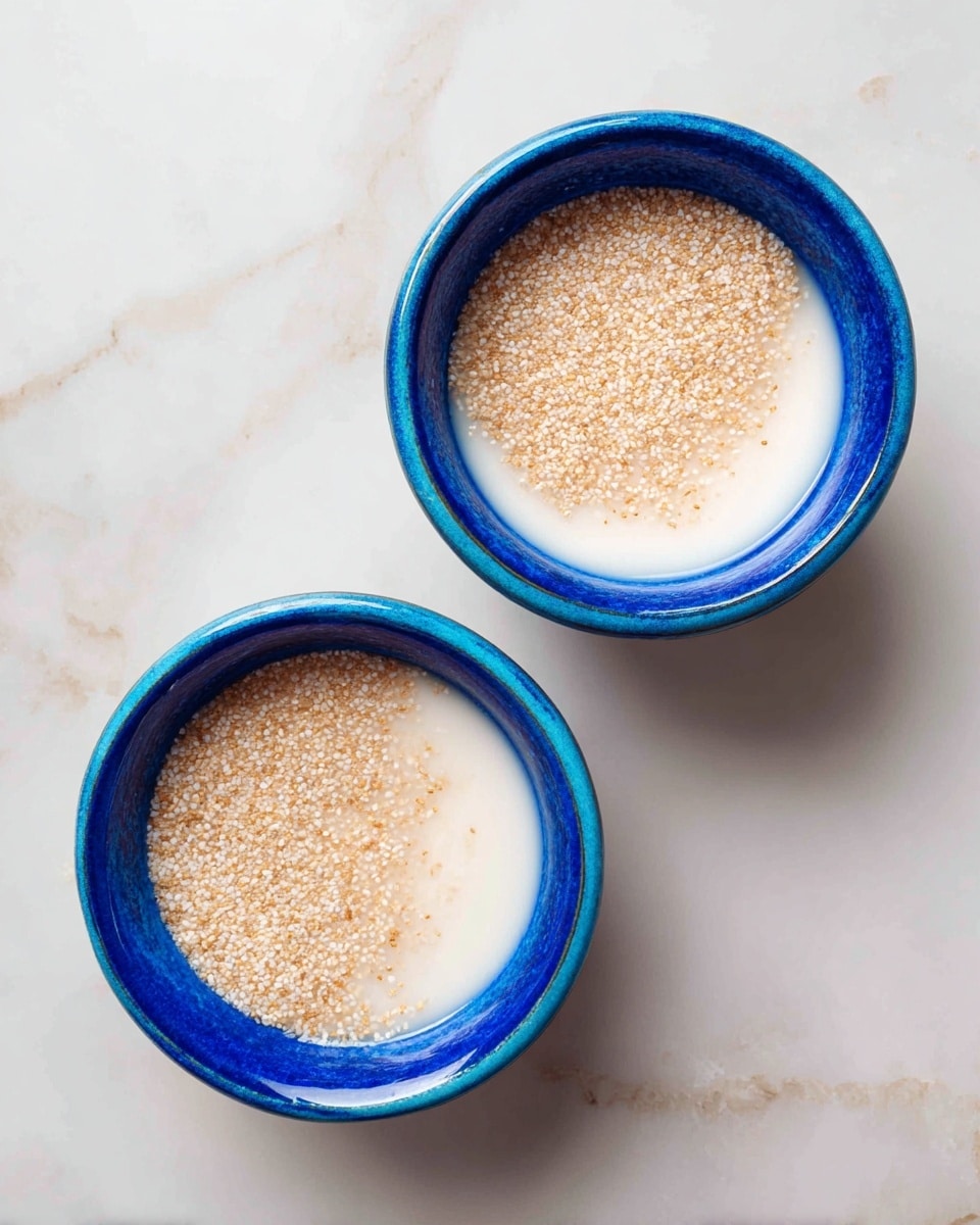 The image shows two bowls placed on a white marbled surface. Each bowl has a bright blue rim and contains a mixture of small, light beige grains partly submerged in a milky, white liquid, making two layers per bowl. The left bowl shows the grains mostly covered by the liquid, creating a smooth, creamy appearance on top. The right bowl has the grains more visible and less covered by the liquid, revealing a slightly rough, grainy texture. The colors contrast between the deep blue rim, the white liquid layer, and the pale grains inside. photo taken with an iphone --ar 4:5 --v 7