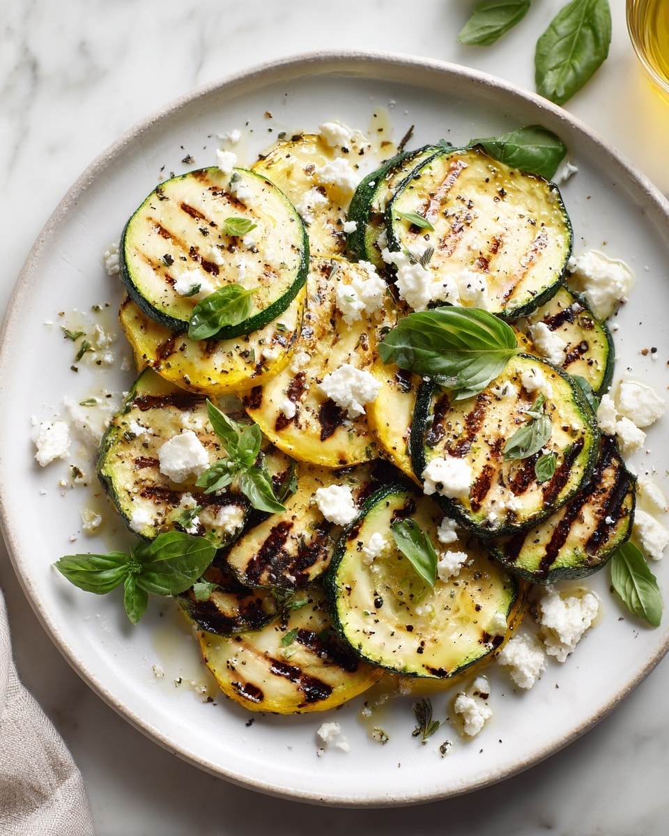 The dish shows long, thin slices of yellow and green grilled zucchini layered in an overlapping way on a white plate. Each slice has brown grill marks and is lightly speckled with herbs and spices. White crumbled cheese is scattered generously over the zucchini slices, adding texture and contrast. Bright green basil leaves are mixed in, their smooth surfaces standing out among the vegetables. The entire plate sits on a white marbled surface with a striped cloth partially visible in the background. photo taken with an iphone --ar 4:5 --v 7