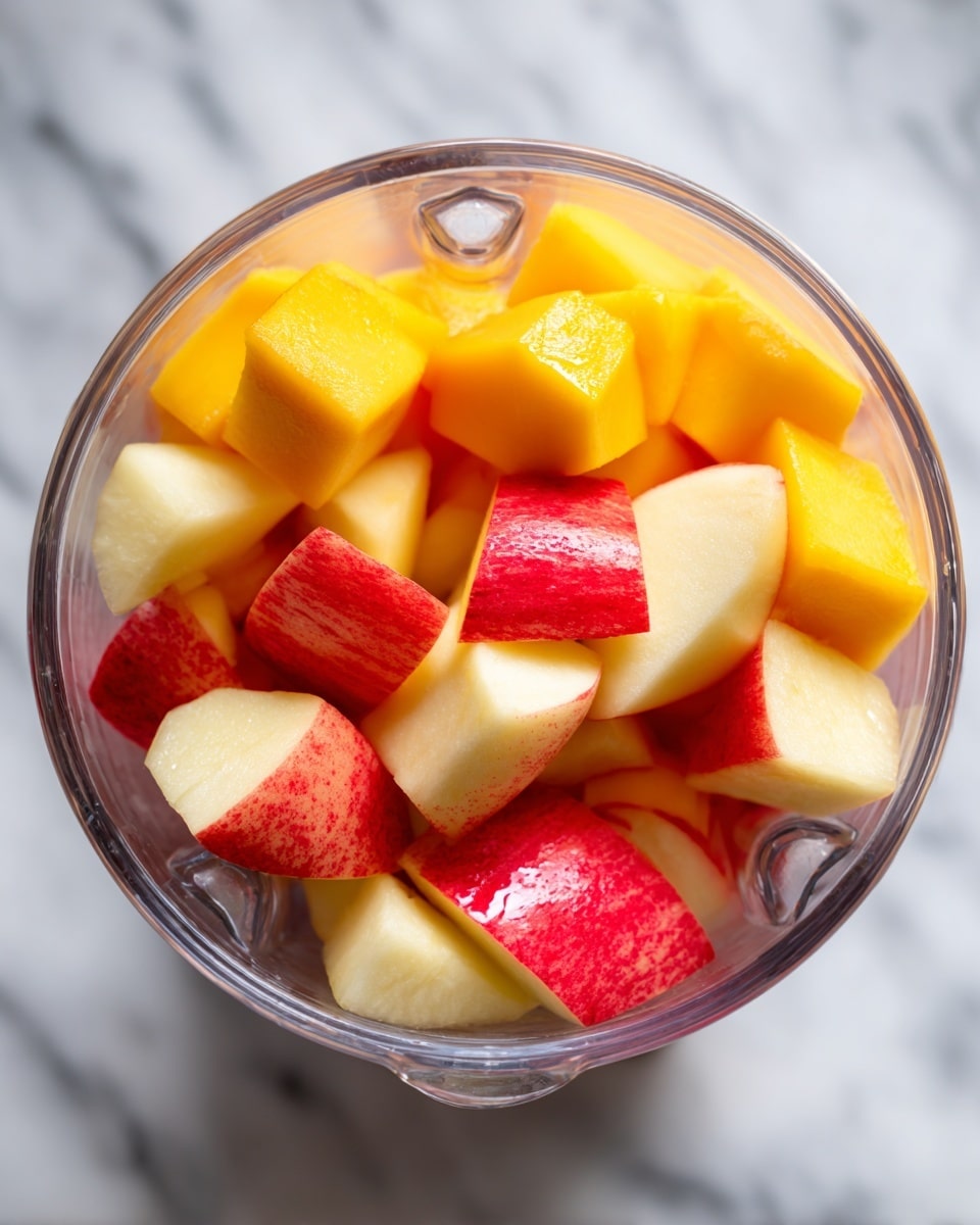 The image shows a top view of a transparent blender filled with chunks of fresh fruit. The bottom layer contains thick, glossy pieces of red and yellow apple, showing the smooth skin and white inside. Above them, there are medium-sized bright orange mango pieces with a soft texture, filling the upper part of the blender. The background is a white marbled texture, and there are metal blender blades visible under the fruit. Photo taken with an iphone --ar 4:5 --v 7