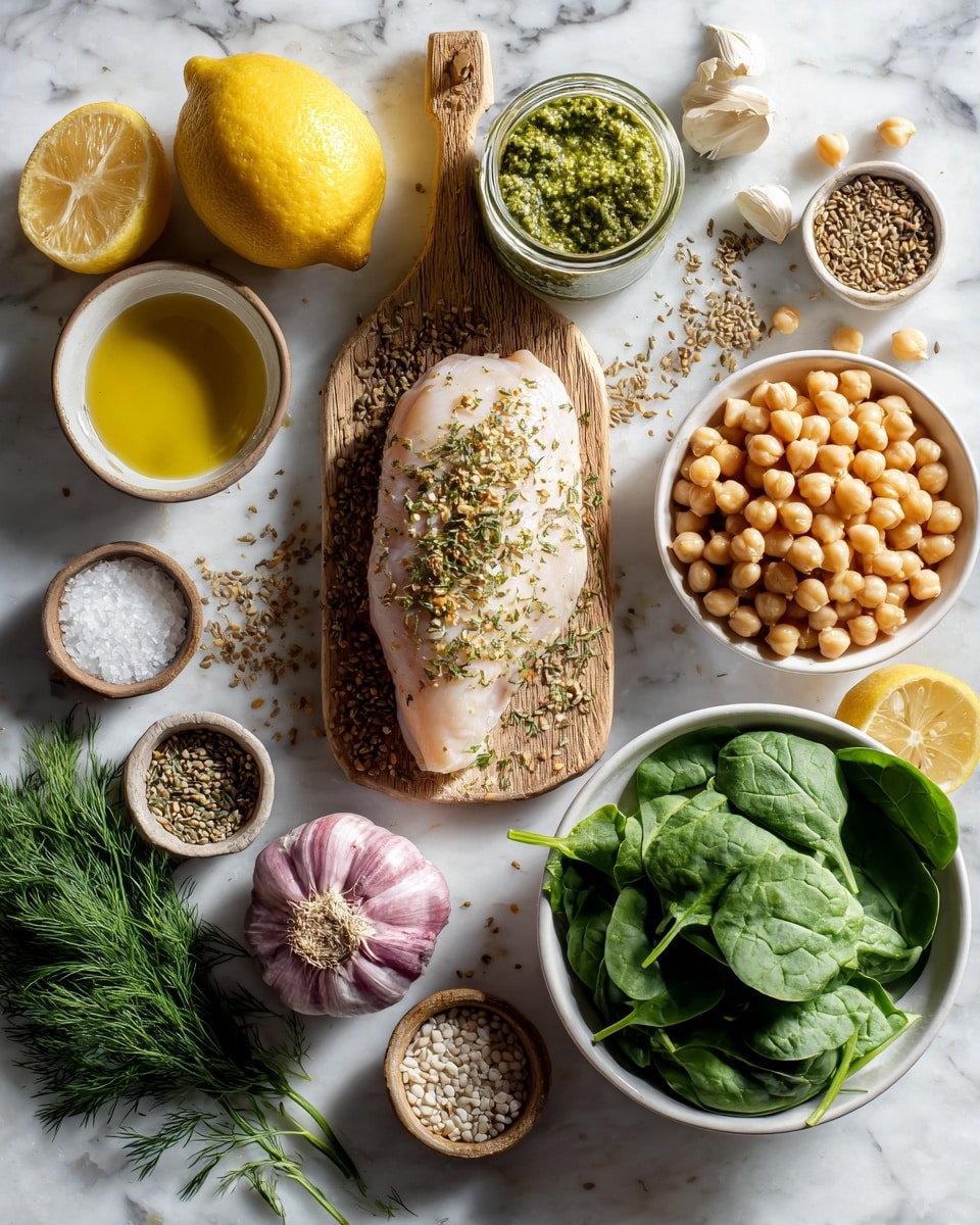 The image shows a flat lay of fresh ingredients on a white marbled texture. In the center, a wooden board holds a piece of raw chicken sprinkled with herbs. Around it, several bowls and items are arranged: a white bowl filled with fresh green spinach leaves at the bottom right, a bowl with light brown chickpeas to the upper right of the chicken, and a bowl containing puffed chickpeas at the top right. Near the top center is a small glass jar of green pesto sauce. To the left, a whole lemon and a half lemon sit at the top left corner. Below the lemons, a small beige bowl holds olive oil, and next to it is a bulb of garlic with purple skin. Above the garlic, there is a small bowl with olive oil and herbs. Close to the chicken, two small bowls contain chia seeds and salt. Fresh green dill sprigs lie in the bottom left corner. Everything is neatly arranged on the surface with natural lighting highlighting the colors and textures of the ingredients. photo taken with an iphone --ar 4:5 --v 7