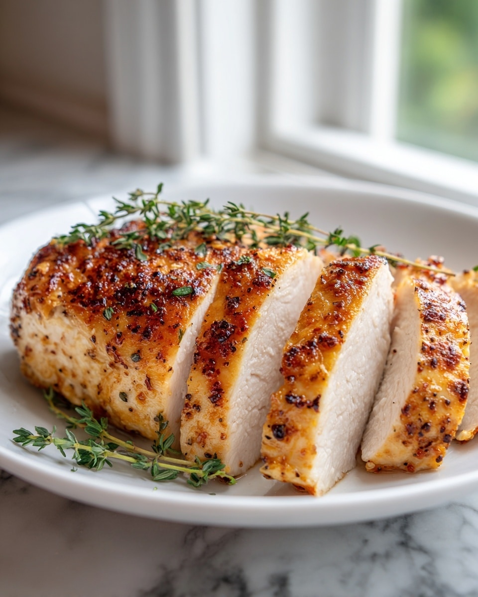 A golden-brown cooked chicken piece lies sliced almost all the way through into five thick segments, showing juicy, tender white meat inside. The chicken has a crispy, slightly charred skin with black pepper and herb seasoning visible on the surface. Thin sprigs of fresh green thyme are placed on top and on the white plate next to the chicken. The plate rests on a white marbled surface, and soft natural light comes from a window in the background, giving the dish a warm and fresh look. Photo taken with an iphone --ar 4:5 --v 7