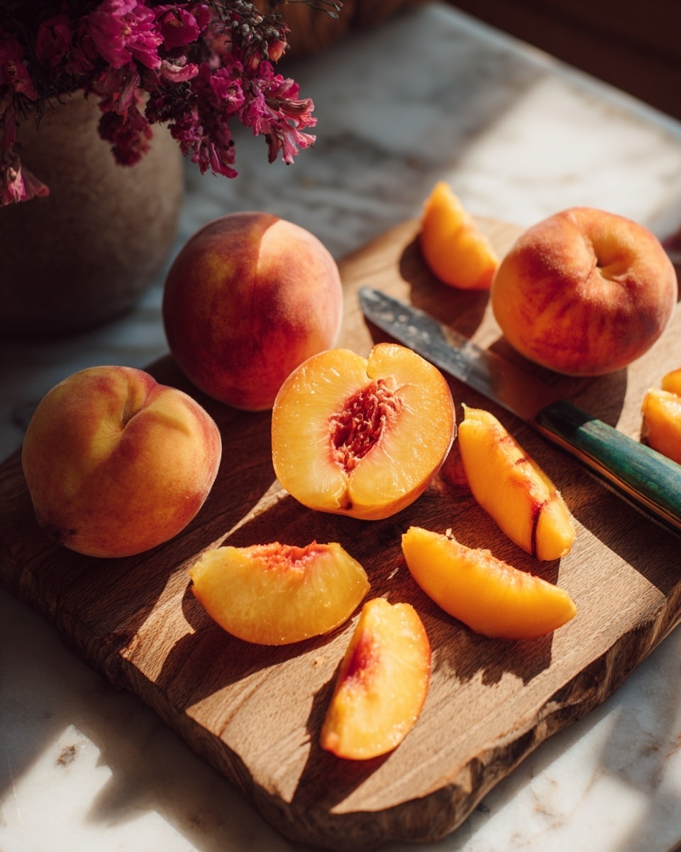 The image shows a wooden cutting board placed on a white marbled surface with bright orange peach pieces spread across it. There are two whole peaches, one with a small X-shaped cut on top, and the other looks whole with some texture on its skin. Several peach slices reveal soft orange flesh with red streaks near the pit areas. A large knife with a green handle rests on the cutting board next to the peach slices, catching light from the side. In the background to the left, there is a small bunch of reddish-purple flowers adding contrast to the scene. The bottom of the image shows a part of a person's legs wearing light blue jeans. The overall lighting is warm and natural, highlighting the juicy texture of the peaches. photo taken with an iphone --ar 4:5 --v 7