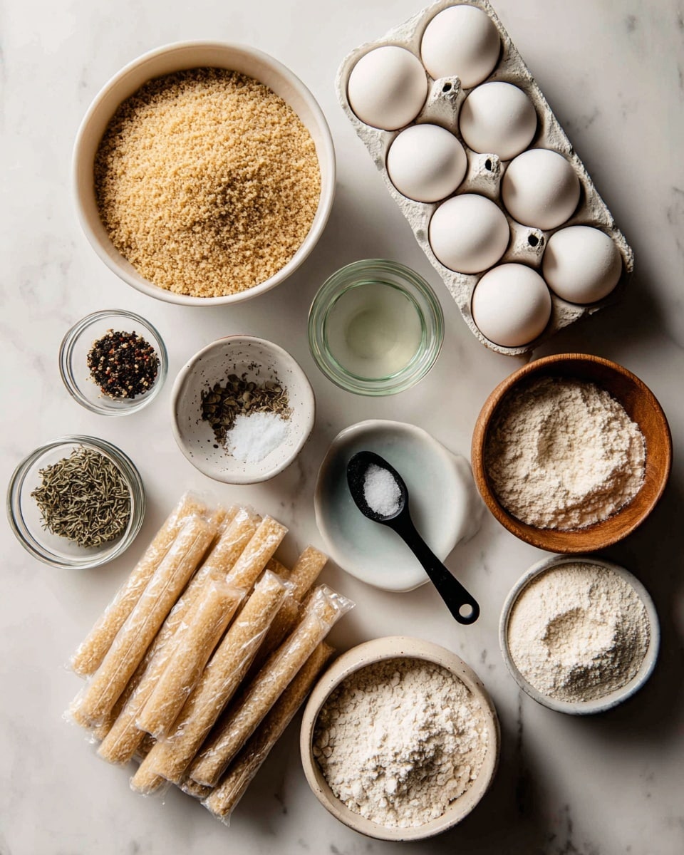 The image shows an overhead view of cooking ingredients neatly arranged on a white marbled surface. On the top left is a white bowl filled with light brown breadcrumbs, while to its right is a white carton holding six white eggs. Below the eggs, there is a small glass bowl with a clear liquid, and near it, a black measuring spoon filled with white flour. To the left of these items, there are two small glass jars, one containing black pepper and the other salt, alongside a small white bowl holding a mix of dried herbs. At the bottom center, there are multiple individually wrapped string cheese sticks laid out, and near them, a wooden bowl with a light-colored powder, possibly seasoning. Another white bowl with more light brown breadcrumbs is near the lower left corner. The overall layout is clean and organized, with soft natural light. Photo taken with an iphone --ar 4:5 --v 7