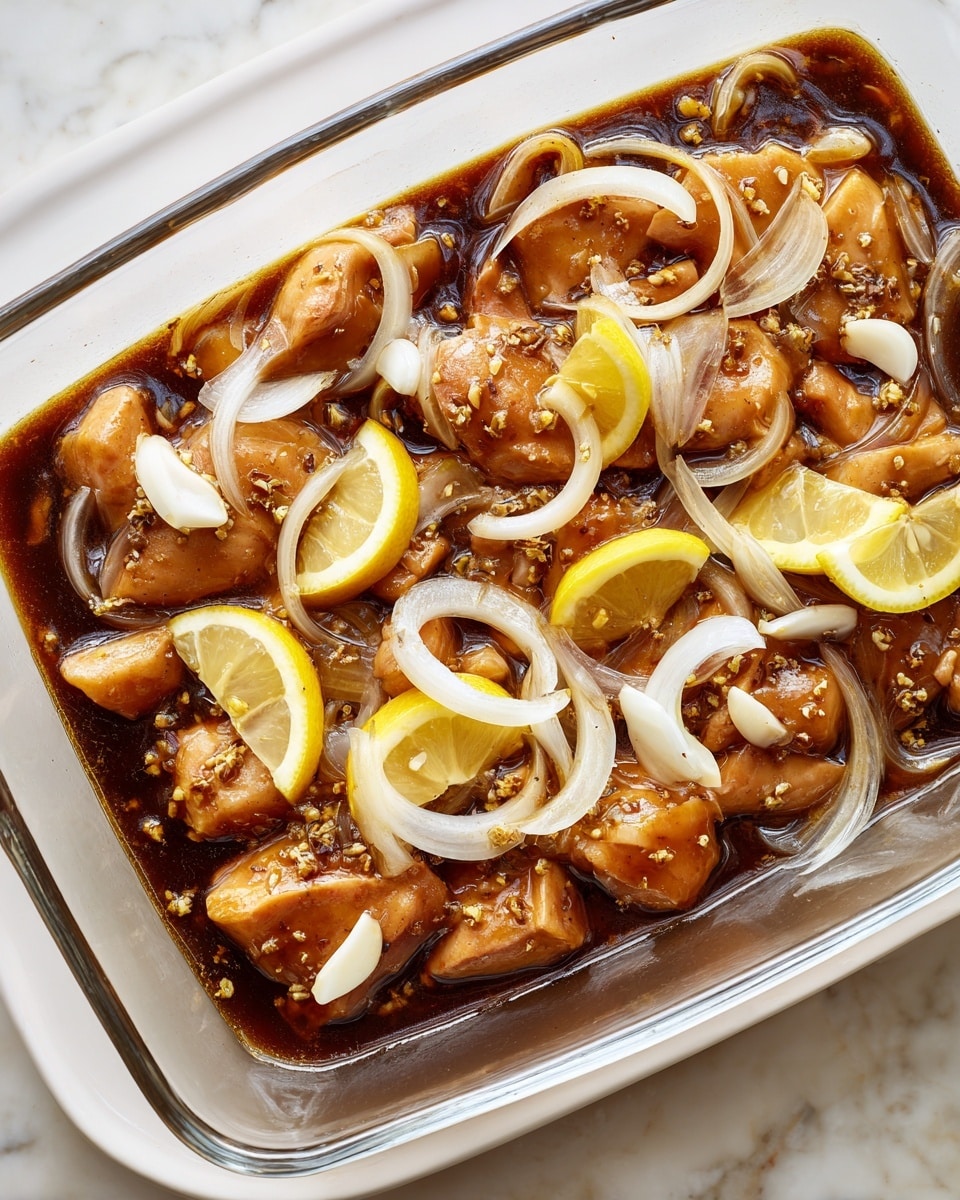 The image shows a clear rectangular dish filled with raw chicken pieces marinating in a dark brown sauce mixed with sliced white onion strips and small bits of garlic. There are also a few bright yellow lemon wedges spread throughout the dish. The chicken pieces are fully submerged in the glossy, thick sauce that has a rich, shiny texture. The dish is set on a white marbled surface. photo taken with an iphone --ar 4:5 --v 7