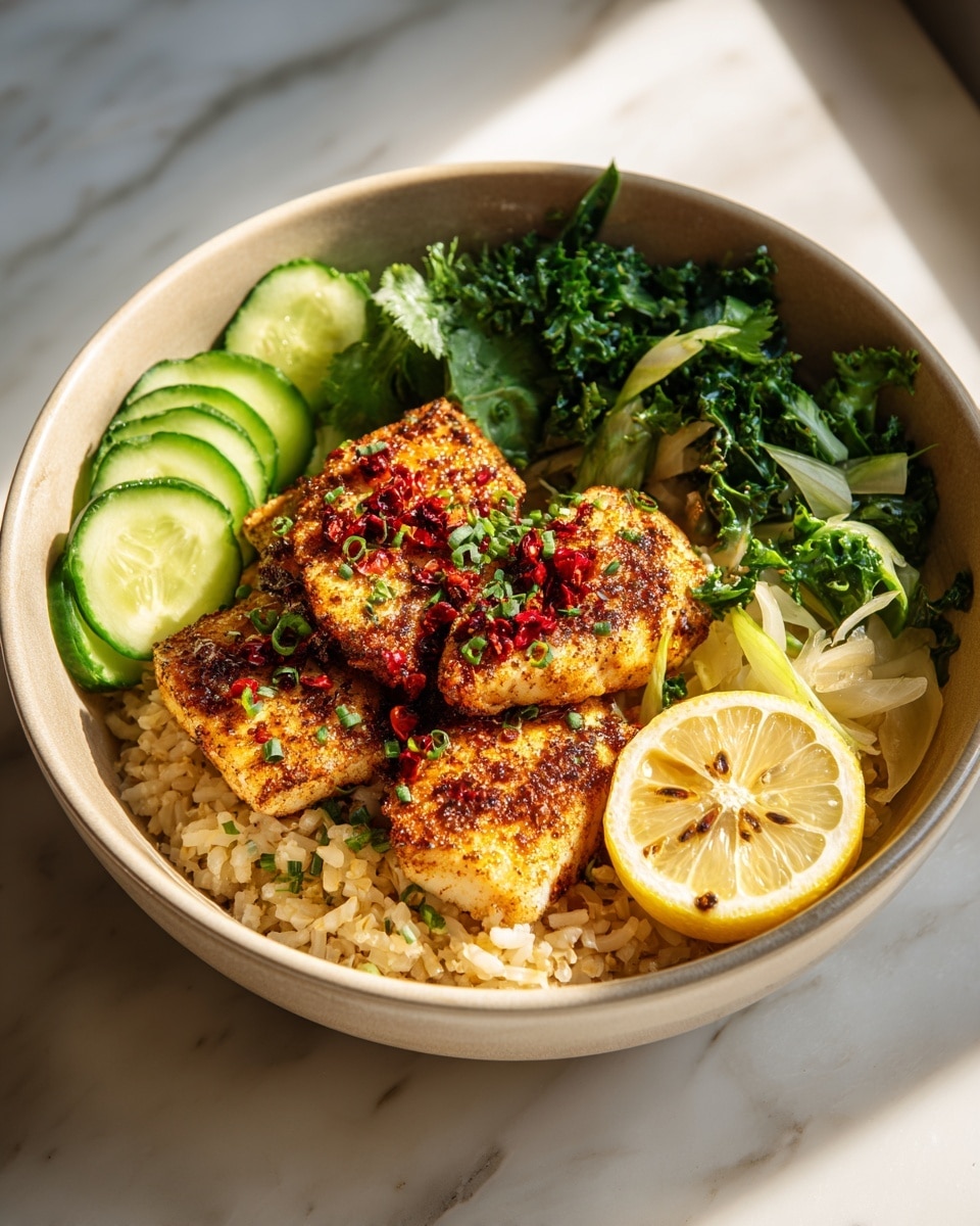 A white bowl filled with four pieces of golden-brown grilled fish seasoned with red pepper flakes and green herbs stacked in the center on a bed of light brown rice. To the left of the fish are several slices of green cucumber, and below them is a small pile of dark green leafy vegetables. To the right is a bright yellow lemon slice resting on the rice. The bowl sits on a white marbled surface with bright natural light casting soft shadows. Photo taken with an iphone --ar 4:5 --v 7