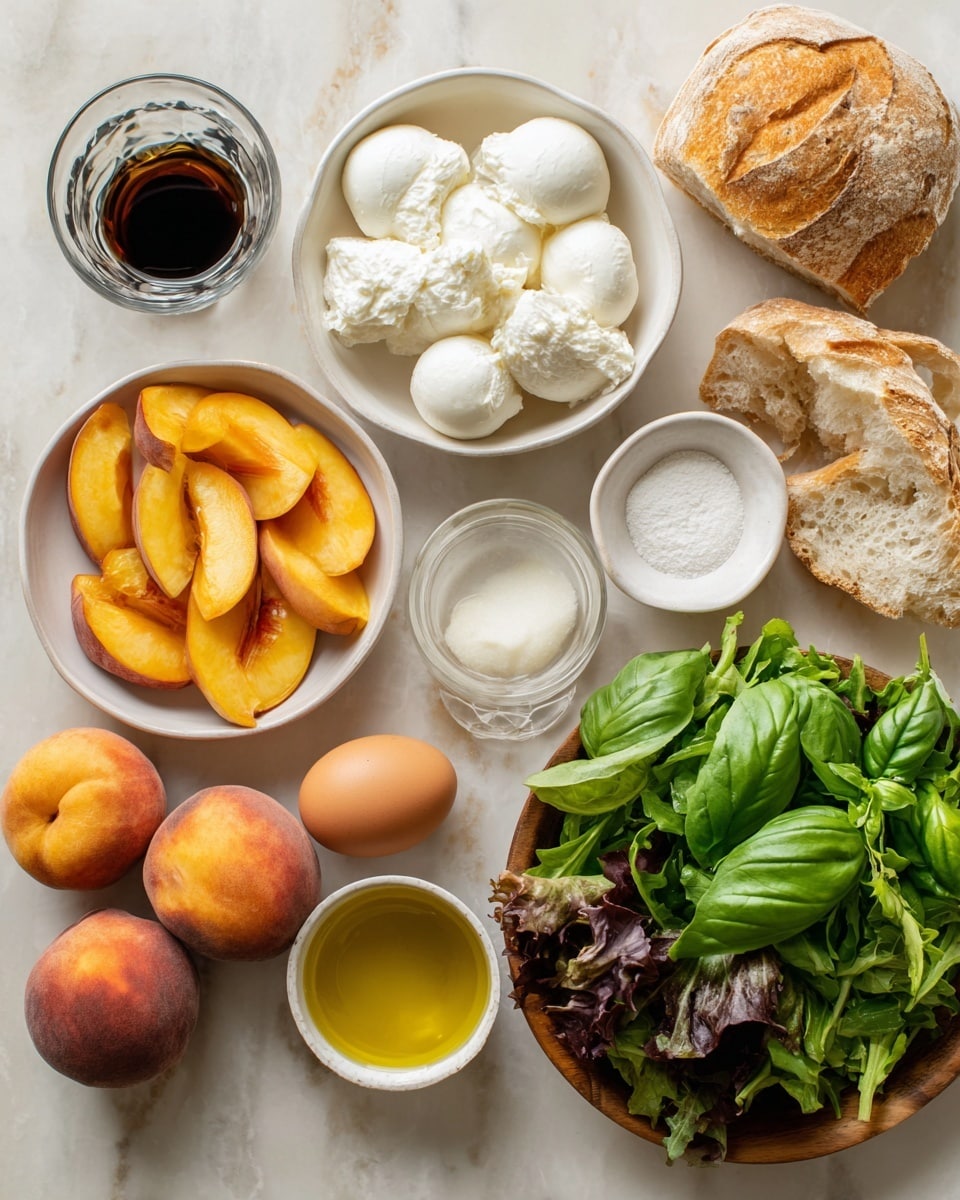 The image shows a collection of fresh ingredients neatly arranged on a white marbled surface: in the top left corner, a clear glass with dark balsamic vinegar, beside it some pieces of crusty bread on the right; below the bread a small white bowl filled with creamy ricotta cheese, next to it a bigger white bowl full of soft white mozzarella pieces; at the center, there are several sliced orange-yellow peach segments, with a whole peeled mozzarella ball nearby, along with a small clear bowl of white powder and a glass bowl of golden olive oil above; in the bottom left corner, there are four whole peaches and a brown egg; on the right side, there is a pile of fresh bright green basil leaves atop a bed of green and purple lettuce leaves, and to the right of the peach slices a small wooden bowl with extra peach pieces. photo taken with an iphone --ar 4:5 --v 7