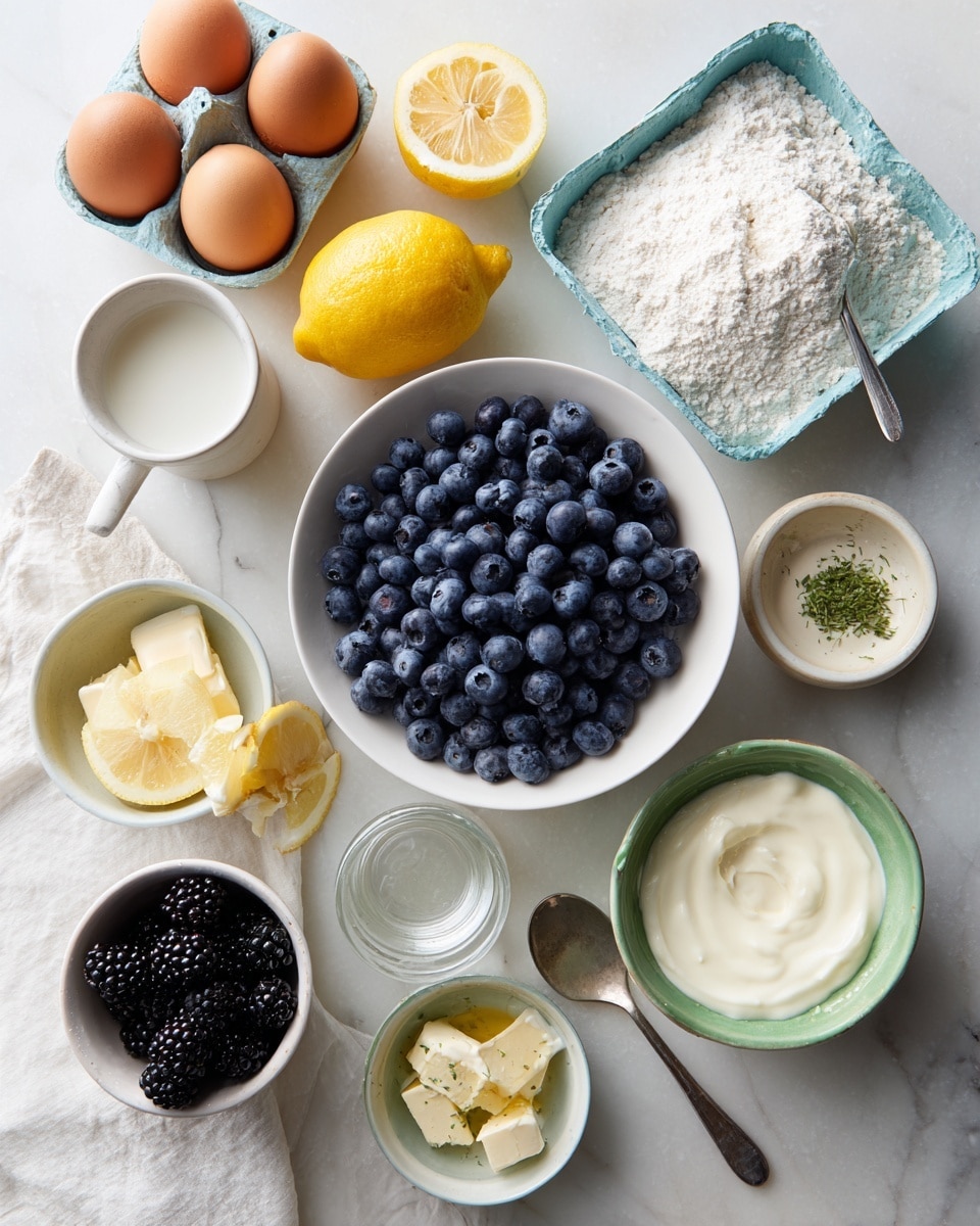 A top-down view of various ingredients arranged on a white marbled surface, including a white bowl filled with plump blueberries in the center, surrounded by brown eggs both loose and in a blue carton, a whole lemon, a small glass bowl with lemon slices, a white bowl of flour with a slightly uneven surface, a cup of white milk, a small glass with cubes of butter and herbs in melted butter, a small white bowl of blackberries, and a green bowl containing cream or yogurt with a spoon resting inside. The overall scene shows a fresh, natural setting with soft lighting. Photo taken with an iphone --ar 4:5 --v 7