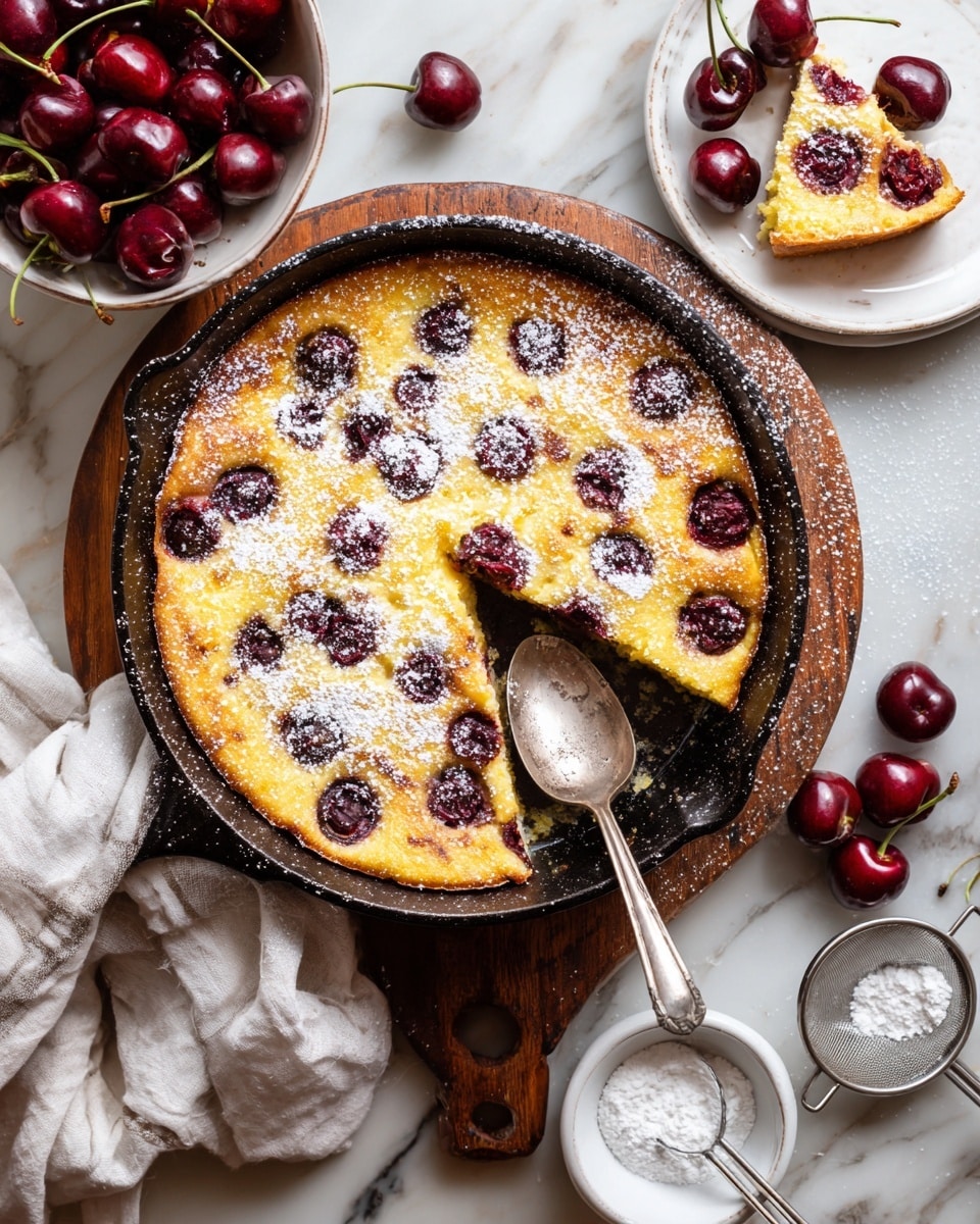 A black cast iron pan holds a golden yellow clafoutis dessert dotted with dark red cherries that are slightly sunken into the batter. The surface is sprinkled with a fine white powdered sugar giving a light dusting effect. One slice has been removed, showing the edges of the soft cherry-filled cake, and a silver spoon lies next to the cut slice inside the pan. Around the pan on a rustic wooden table are fresh whole cherries with stems and a white ceramic plate with a piece of the dessert. A small white dish with powdered sugar and a metal sifter are also nearby. The overall setting is bright and warm, placed on a white marbled texture. photo taken with an iphone --ar 4:5 --v 7