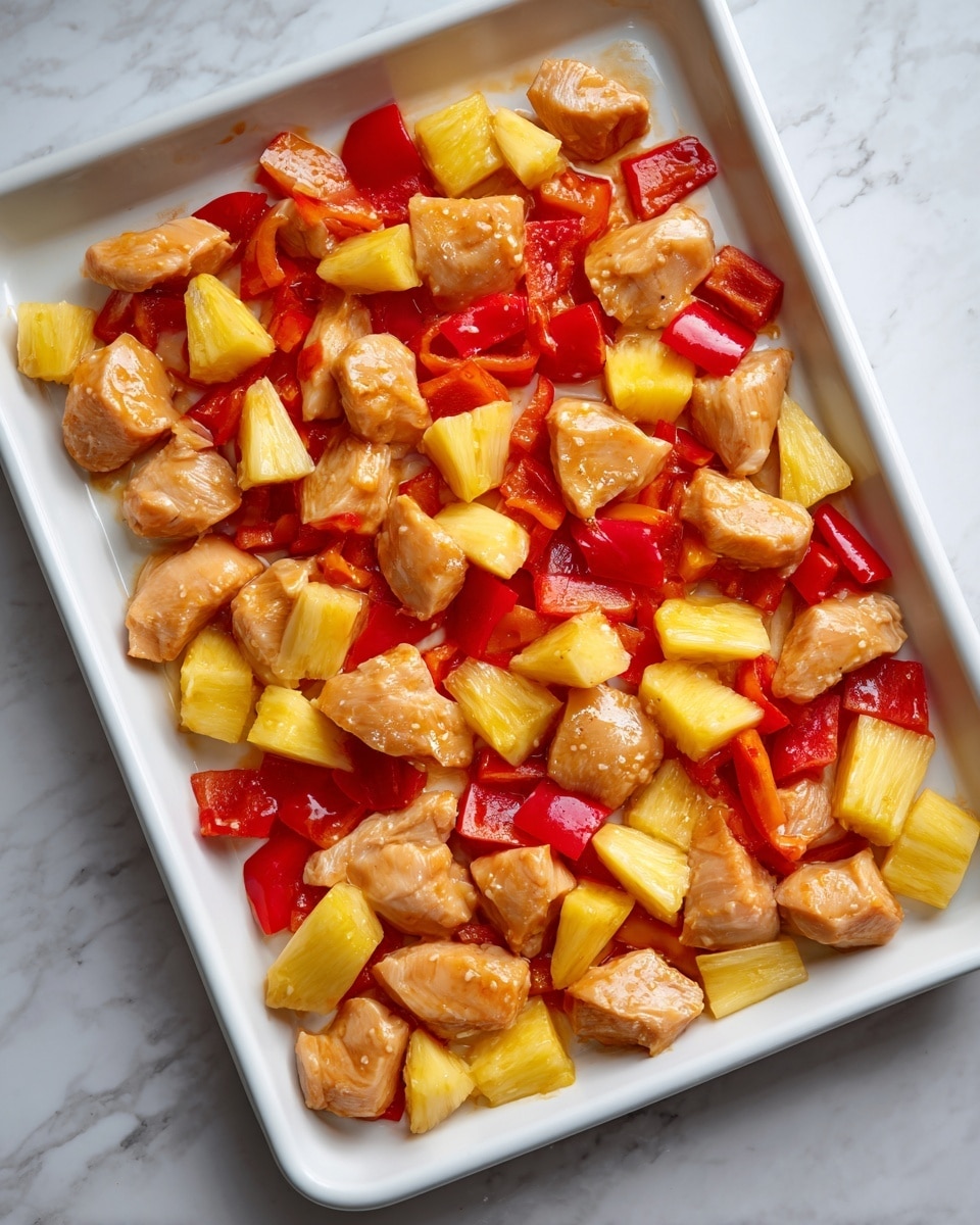 The image shows a close-up of raw chicken pieces on a white baking tray, scattered with bright red bell pepper chunks and light yellow pineapple cubes. The chicken pieces have a shiny, smooth texture from a sauce or marinade, while the vegetables are fresh and firm, adding a mix of red and pale yellow colors evenly spread across the tray. The tray rests on a white marbled surface, creating a clean and simple kitchen setting. photo taken with an iphone --ar 4:5 --v 7