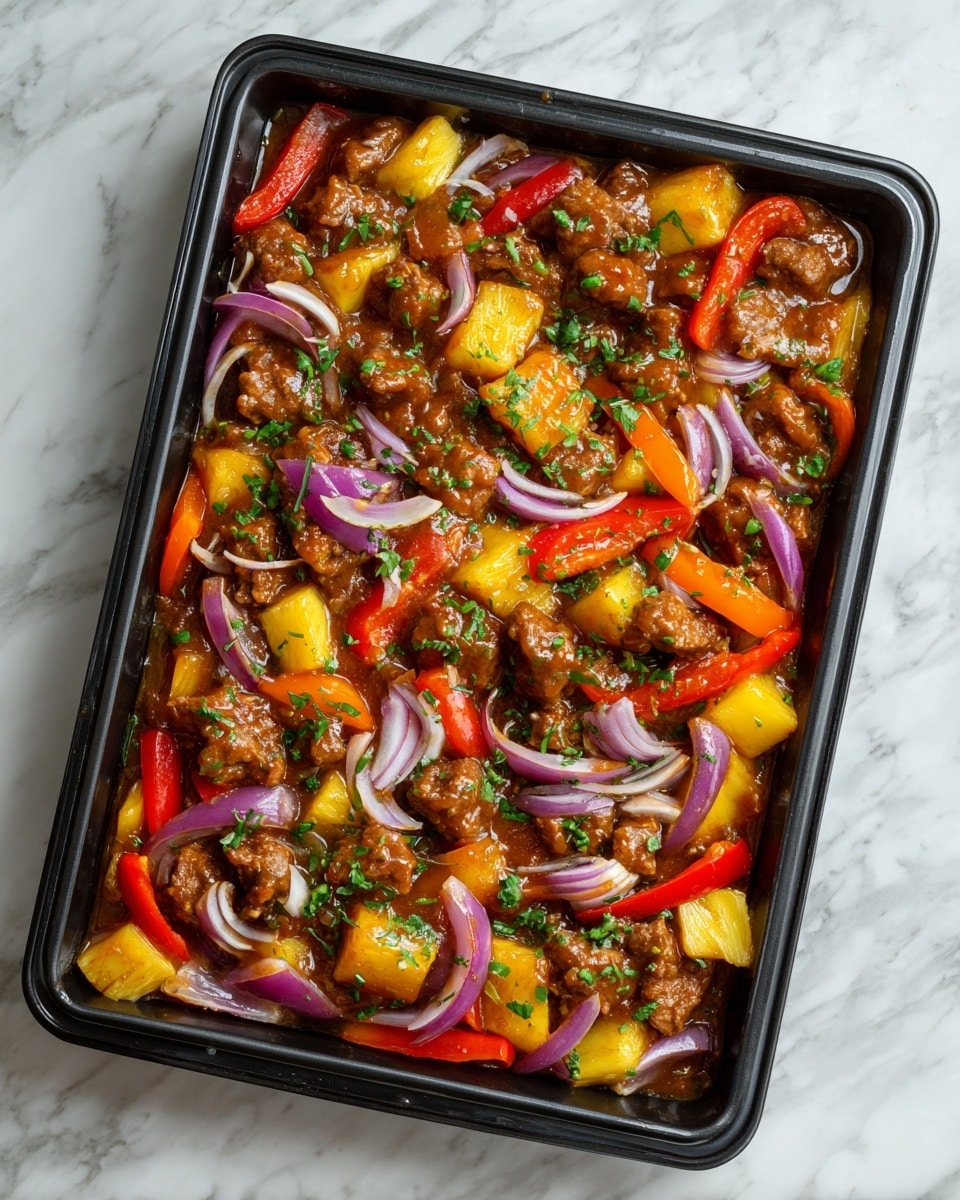 The image shows a black square pan filled with a colorful cooked dish made of bite-sized pieces of golden-brown chicken coated in a shiny sauce, bright yellow pineapple chunks, red bell pepper squares, and light purple onion slices with some white layers. The ingredients are mixed evenly across the pan, with small green herb sprinkles on top. The dish looks glossy and sticky from the sauce, and the colors contrast nicely with the black pan. photo taken with an iphone --ar 4:5 --v 7