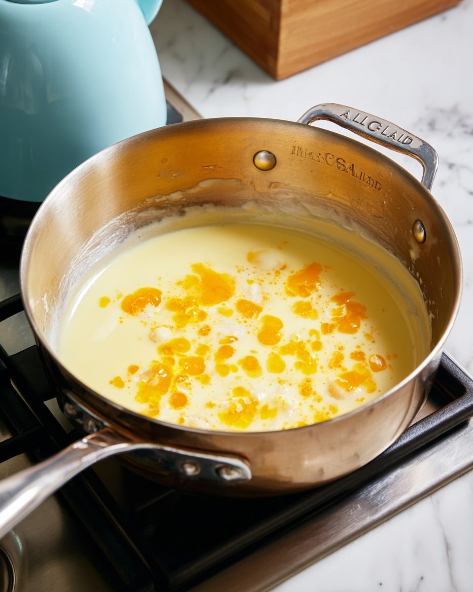 A close-up view of a metal saucepan on a stove filled with a creamy, pale yellow liquid mixture that has lumps and small pools of orange-yellow oil scattered on the surface. The saucepan has visible rivets inside and a shiny metal handle with