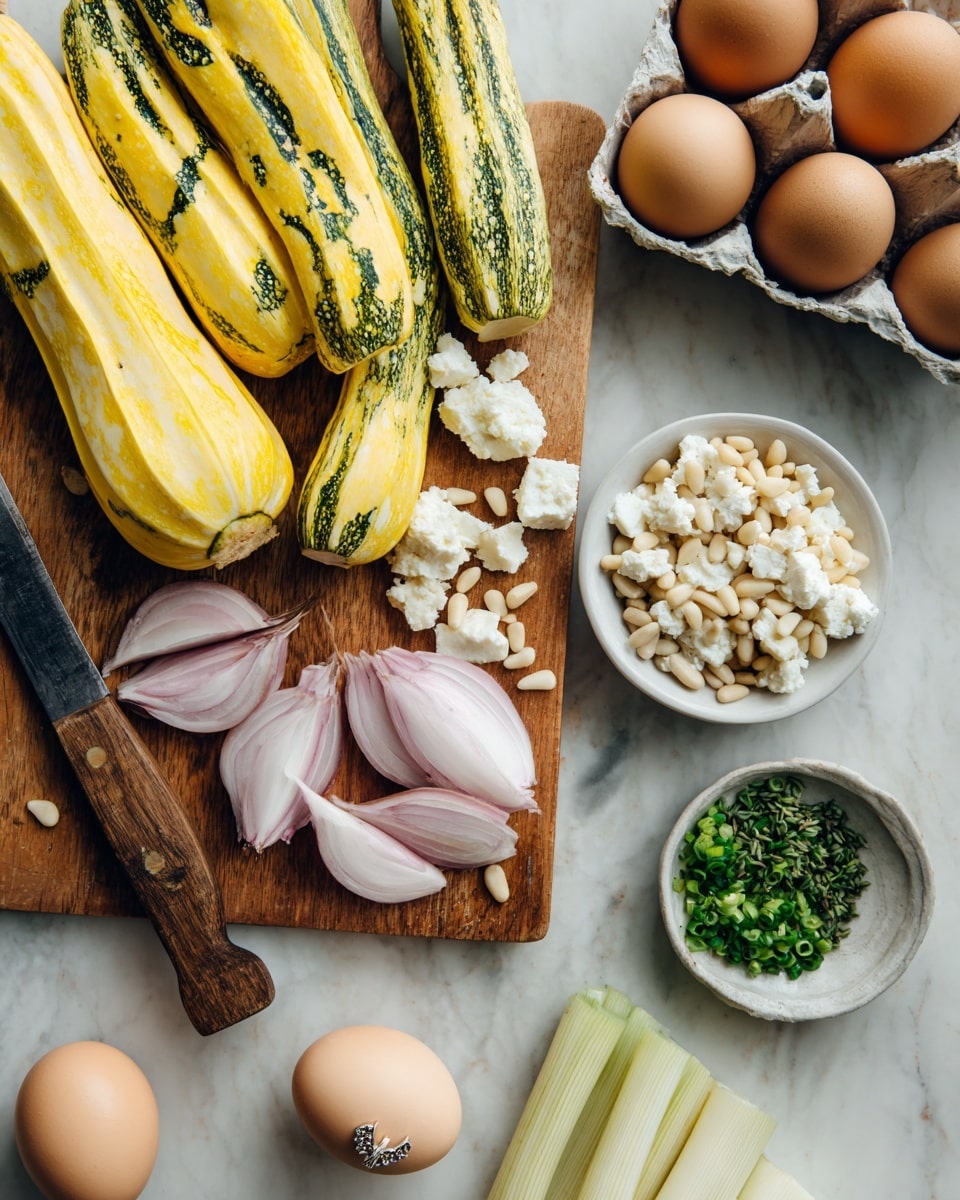 A wooden cutting board sits on a white marbled surface, holding thin yellow and green strips of squash spread across the top left, with a rustic knife with a wooden handle placed diagonally on the left side. Below the strips, there are pale purple sliced shallots arranged side by side. To the right of the shallots, there is a pile of finely chopped green herbs, next to a cluster of light green and purple stalks. Above these, a small white bowl filled with white pine nuts is placed, close to a group of soft white cheese chunks. At the top of the image, a carton holds brown and one light blue egg. A woman's hand wearing a silver ring is partially visible at the bottom left corner. Photo taken with an iphone --ar 4:5 --v 7