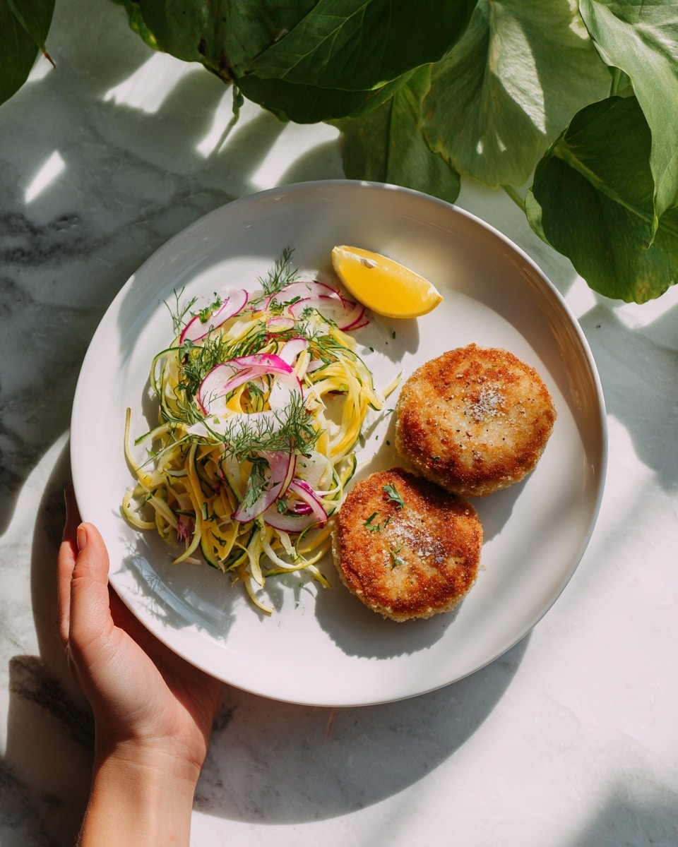 A white plate held by a woman's hand shows a meal with two main parts. On the right side, there are two pieces of golden-brown, crispy fried cutlets with a crunchy texture. Between the cutlets and salad sits a bright yellow lemon wedge. On the left side is a fresh salad made of thinly sliced yellow and green zucchini ribbons mixed with thin slices of purple onion, small chunks of white cheese, and green leafy herbs spread on top. The white marbled surface behind the plate contrasts with the natural outdoor setting. The lighting is bright and natural, showing some shadows from the sun. photo taken with an iphone --ar 4:5 --v 7