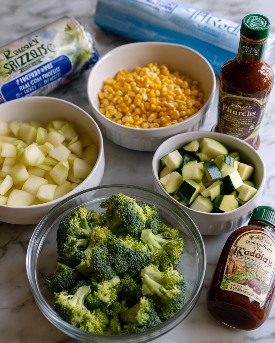 The image shows several ingredients arranged on a white marbled surface. In the center, there is a clear glass bowl filled with bright green broccoli florets. Above this bowl, there is a white bowl filled with jam yellow corn kernels. To the left, there is a white bowl with roughly chopped pale yellow apple pieces, and next to it is a white bowl with chopped green zucchini. A bottle of Hidden Valley Ranch dressing is placed near the apple bowl, and beside the corn bowl is a bottle of Kingsford barbecue sauce with a dark brown liquid inside. A roll of GLAD Press’n Seal wrap is positioned at the top. All items rest on or near a folded blue Walmart reusable bag. photo taken with an iphone --ar 4:5 --v 7