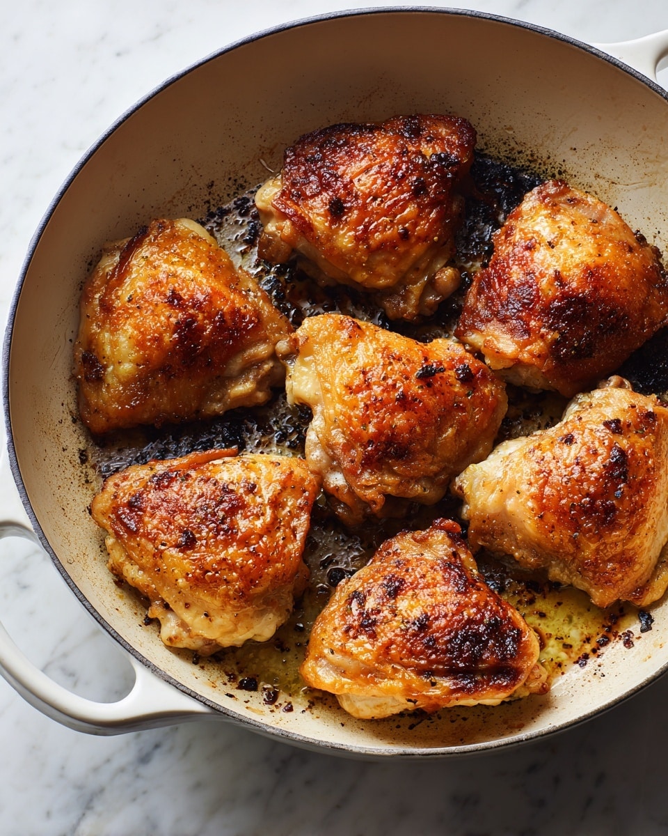 The image shows a white-handled cast iron pan with seven pieces of cooked, golden-brown chicken pieces evenly spaced inside. Each chicken piece has a slightly crispy, browned texture with some dark spots from cooking. The pan has a black cooking surface with visible oil and charred bits around the chicken. The background is a white marbled surface. photo taken with an iphone --ar 4:5 --v 7