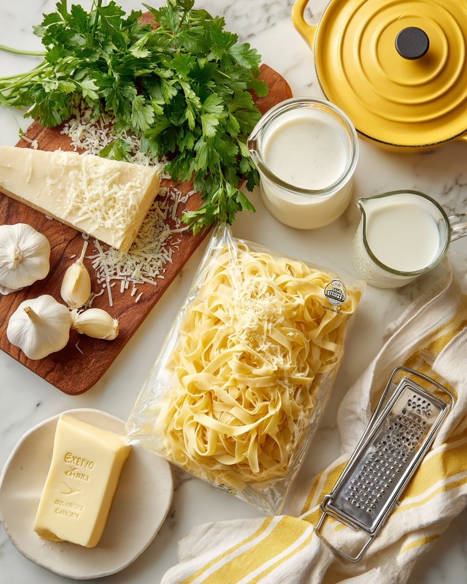 The image shows a white marble surface with a package of Eduardo's fettuccine pasta in the center. To the left, there is a wooden board with fresh parsley leaves, several peeled garlic cloves, and a stick of sliced yellow butter. Above the board, a white plate holds a block of hard cheese with some grated cheese on top of a metal grater. To the right of the pasta package, there is a transparent glass jug with white cream inside. In the top right corner, a yellow pot lid is partially visible. A white cloth with yellow stripes is placed near the bottom right corner. A woman's hand is holding the glass jug. Photo taken with an iphone --ar 4:5 --v 7
