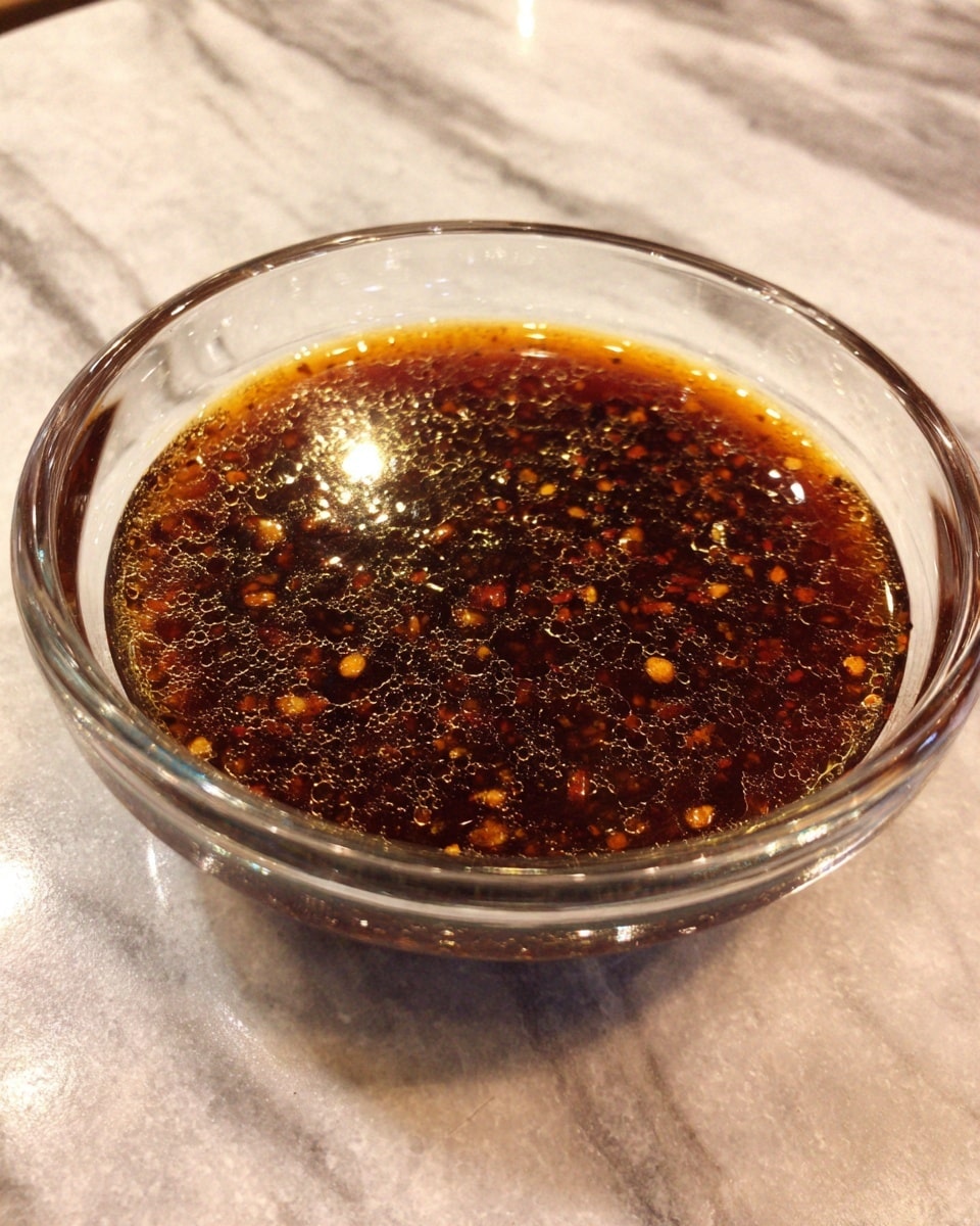 A clear glass bowl filled with a dark brown sauce that has many tiny bits of spices and herbs suspended in it. The sauce appears oily with small bubbles on the surface and a slightly rough texture from the spices. The bowl is placed on a white marbled surface. photo taken with an iphone --ar 4:5 --v 7