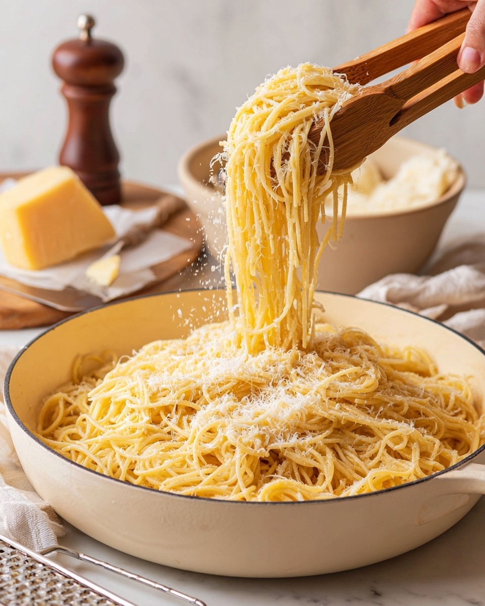 A large white pan filled with cooked spaghetti, light yellow in color with a glossy texture from the sauce, shows a pile of pasta being lifted with two light brown wooden tongs from the right side. A woman's hand is sprinkling finely grated white cheese over the pasta, the cheese falling softly on top. In the upper right corner, there is a beige bowl filled with more grated cheese and a metal grater. A dark brown pepper grinder and a piece of light yellow cheese rest on the white marbled surface around the pan. The scene is bright, clean, and focused on the warm, simple pasta dish. photo taken with an iphone --ar 4:5 --v 7