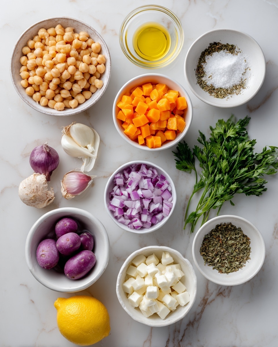 The image shows nine small white bowls and two lemons on a white marbled surface. Each bowl contains different ingredients: one holds whole chickpeas with a light brown color and rough texture, another is filled with small bright orange diced carrots, and a third contains small cubes of white feta cheese. A fourth bowl has finely chopped purple onions, while a fifth contains a small pile of coarse salt. There is also a bowl with a few peeled small boiled purple potatoes, another with fresh green parsley stems, one with minced white garlic, and a small bowl of dried herbs. A small glass bowl of yellow olive oil completes the setup. photo taken with an iphone --ar 4:5 --v 7