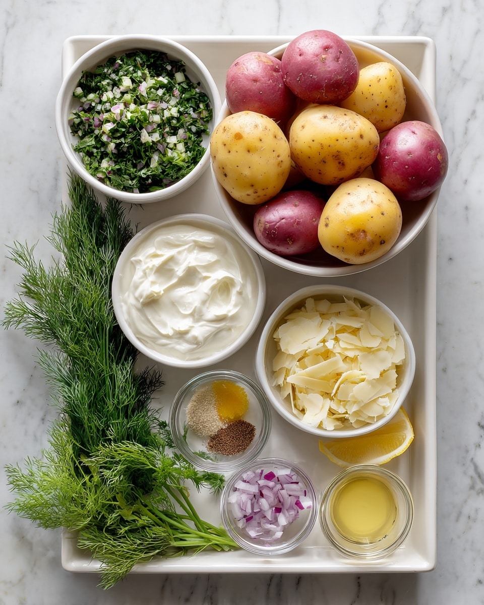 A white rectangular tray holds several small bowls and a larger bowl filled with different ingredients. The large bowl at the top center contains red and yellow small potatoes with smooth skins. On the tray, to the left, there is a white bowl filled with finely chopped green leafy herbs and bits of purple onion. To the right of this, another white bowl contains thick, creamy white yogurt. Below the bowls, small clear glass containers hold minced garlic, a yellow lemon half, ground spices, and sliced pale yellow cheese. Fresh green dill sprigs lay along the bottom left edge of the tray. The entire tray is set on a white marbled surface. photo taken with an iphone --ar 4:5 --v 7