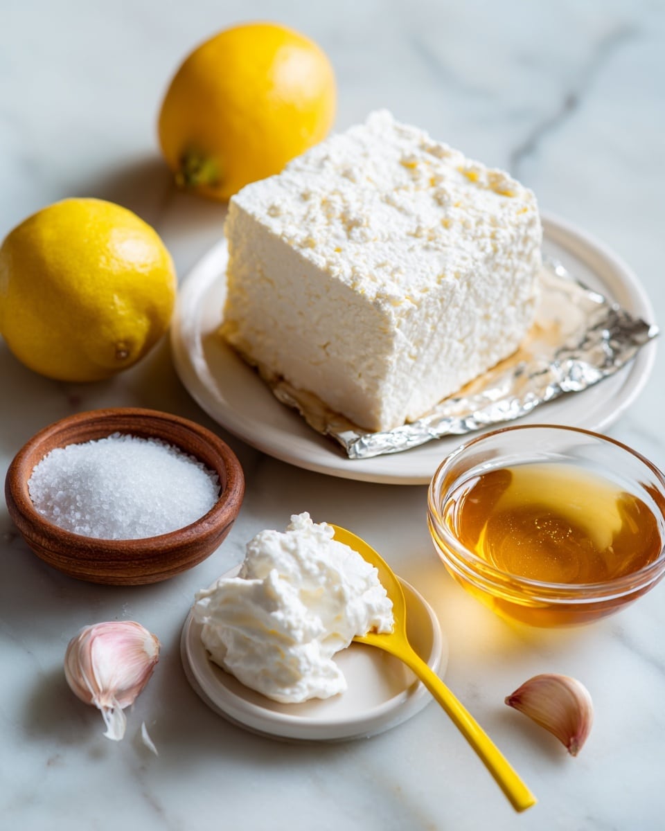 The image shows a block of white cheese placed on a white plate, looking crumbly with a small piece detached. Next to it is a metallic silver sheet, partially open, and a whole bright yellow lemon. In the foreground is a yellow spoon filled with thick white cream, and beside it is a clear glass bowl with golden honey. A small wooden bowl holds some coarse white salt, and a single peeled garlic clove lies near it. All items rest on a white marbled surface. photo taken with an iphone --ar 4:5 --v 7