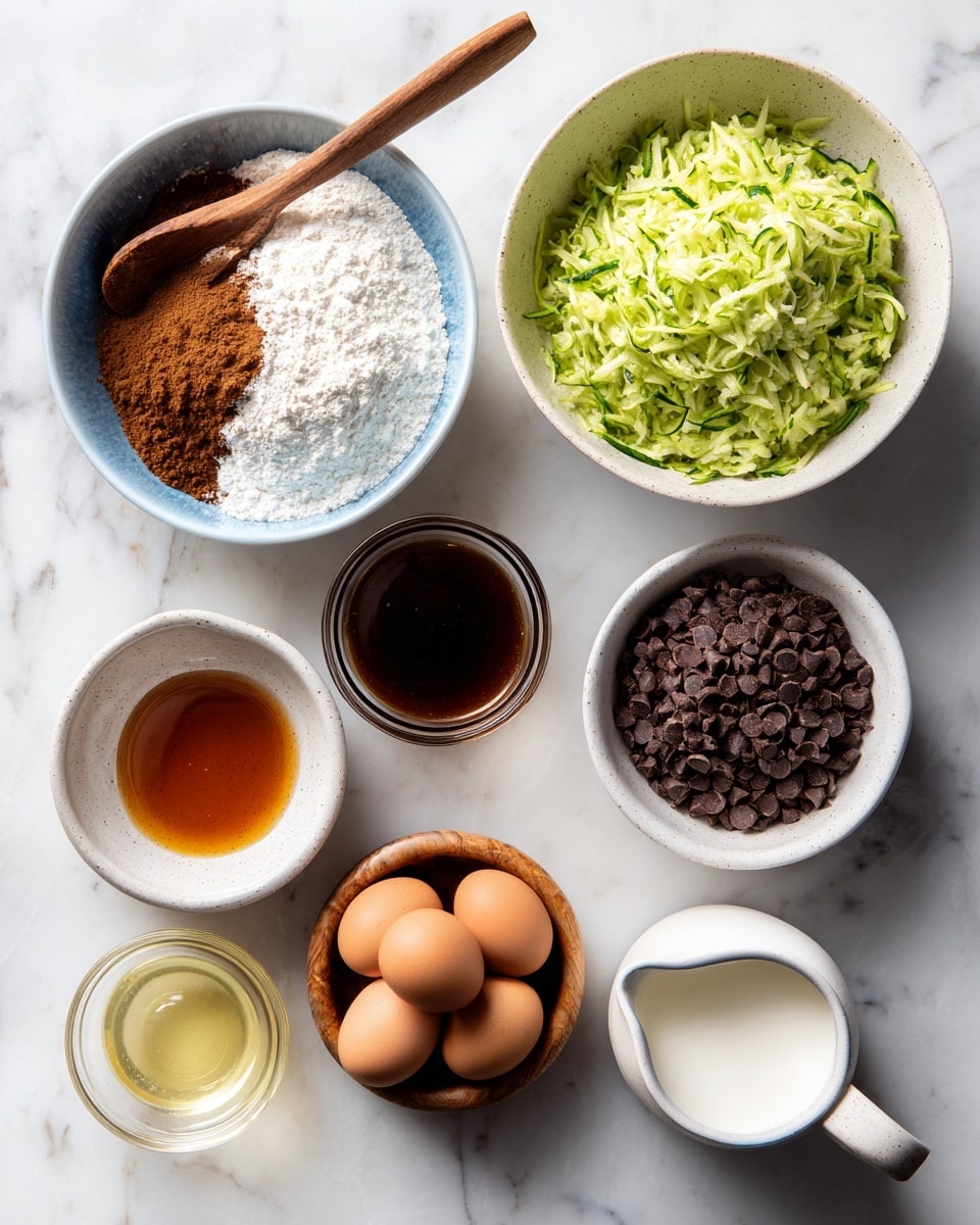 The image shows seven bowls with different baking ingredients placed on a white marbled surface. At the top left, a white bowl with a blue inside holds layers of white flour, brown cinnamon, white baking powder, and dark brown cocoa powder, each kept separate, with a wooden spoon resting inside. To the right, a white bowl contains shredded green zucchini with a moist texture. Below, a white bowl holds dark brown chocolate chips. Next to it, a clear glass bowl holds a dark amber liquid, likely syrup or honey. Below these, a small clear bowl with a pale yellow liquid sits next to a small glass with a darker amber liquid, possibly vanilla extract. On the right, a small white pitcher contains a foamy creamy liquid. Finally, in the center, a small wooden bowl holds three brown eggs. Photo taken with an iphone --ar 4:5 --v 7