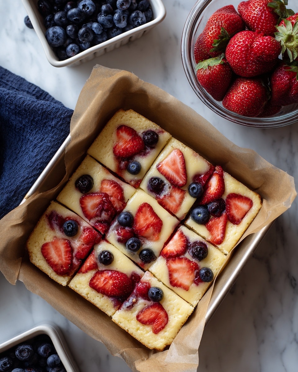 A square baked dish with a light yellow cream layer topped with red strawberry slices and small dark blueberries spread unevenly inside a white baking tray lined with brown parchment paper. The cream layer looks smooth with slightly browned edges and a soft texture. The dessert is cut into nine pieces. Above the dish, there are two clear plastic containers filled with fresh blueberries on the left and strawberries on the right. The whole scene is placed on a white marbled surface with a dark blue cloth partially visible beneath the tray. Photo taken with an iphone --ar 4:5 --v 7