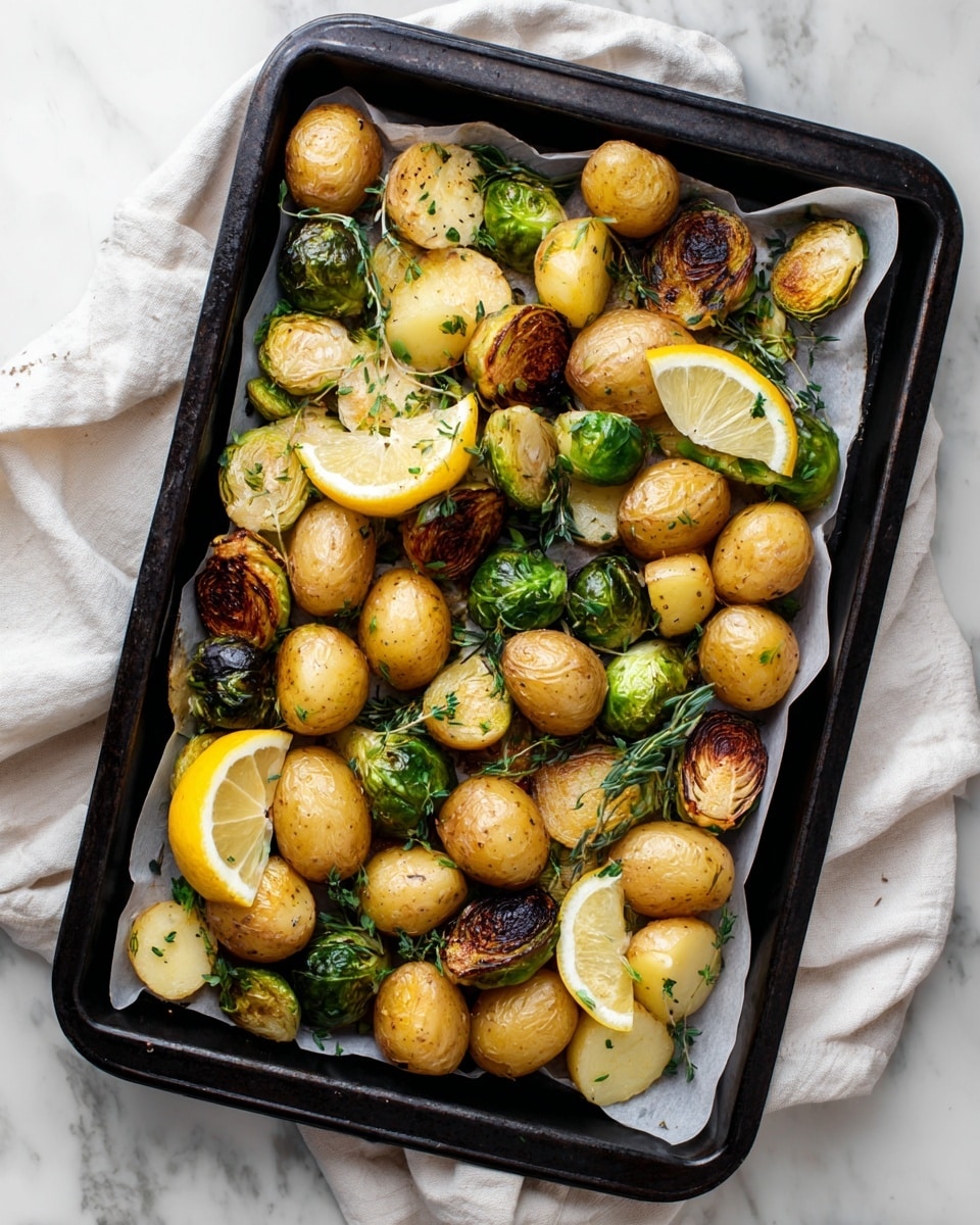 A black baking tray lined with white parchment paper holds a mix of roasted small round potatoes and Brussels sprouts, all cut in half showing a golden-brown char on the cut sides. The potatoes have a light brown skin with creamy beige interiors, and the Brussels sprouts display green leaves with some blackened edges from roasting. There are three lemon wedges tucked among the vegetables, adding a pop of yellow color. Small sprinkles of chopped herbs are scattered on top for garnish. The tray sits on a white marbled surface with a white cloth partially visible at the bottom edges of the frame. photo taken with an iphone --ar 4:5 --v 7