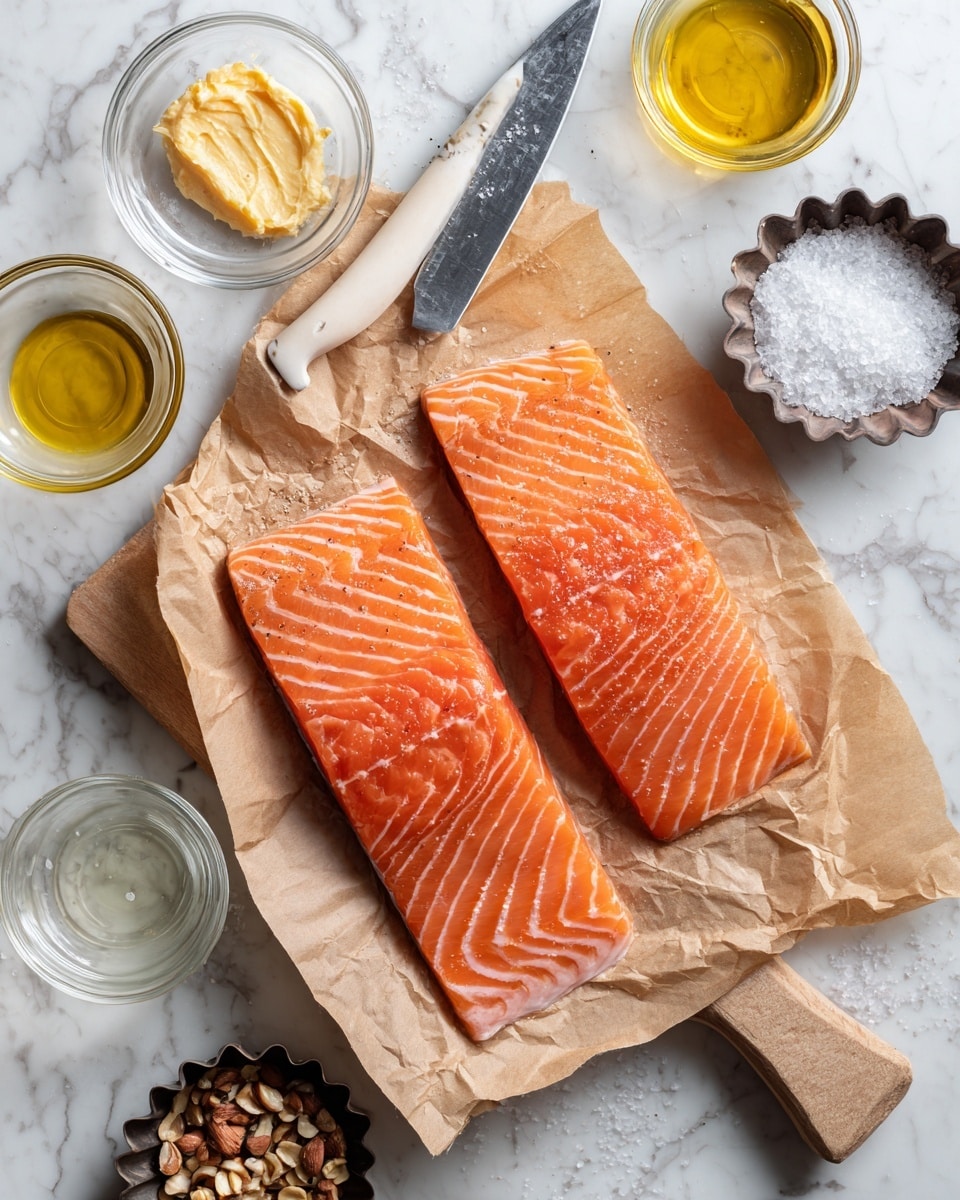Two orange raw salmon fillets with fine white lines lie on crumpled brown paper on a light wooden board. Above them is a large knife with a thick, light handle. Around are small bowls: a clear glass bowl with yellow paste, a small metal bowl with white coarse salt, a clear glass bowl with light yellow liquid, a small white bowl with golden olive oil, a dark metal scalloped bowl with black pepper, and a white bowl partially visible with crushed nuts. The surface beneath the board is white marble. photo taken with an iphone --ar 4:5 --v 7