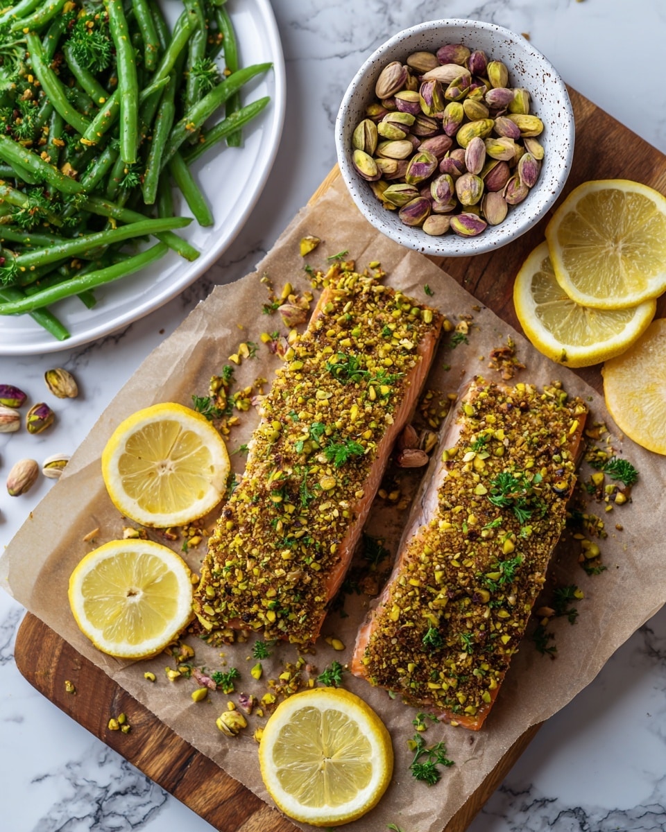 The image shows two thick pieces of salmon covered with a crunchy, chopped pistachio crust that is golden brown and textured with small green and brown nut bits, placed on crumpled brown parchment paper on a light wood cutting board. Around the salmon pieces are bright yellow lemon slices and fresh green parsley sprinkles. To the upper left, there is a white speckled bowl filled with more rough, chopped pistachios. In the corner, some whole pistachios and black pepper grains are scattered. The background is a white marbled surface. photo taken with an iphone --ar 4:5 --v 7