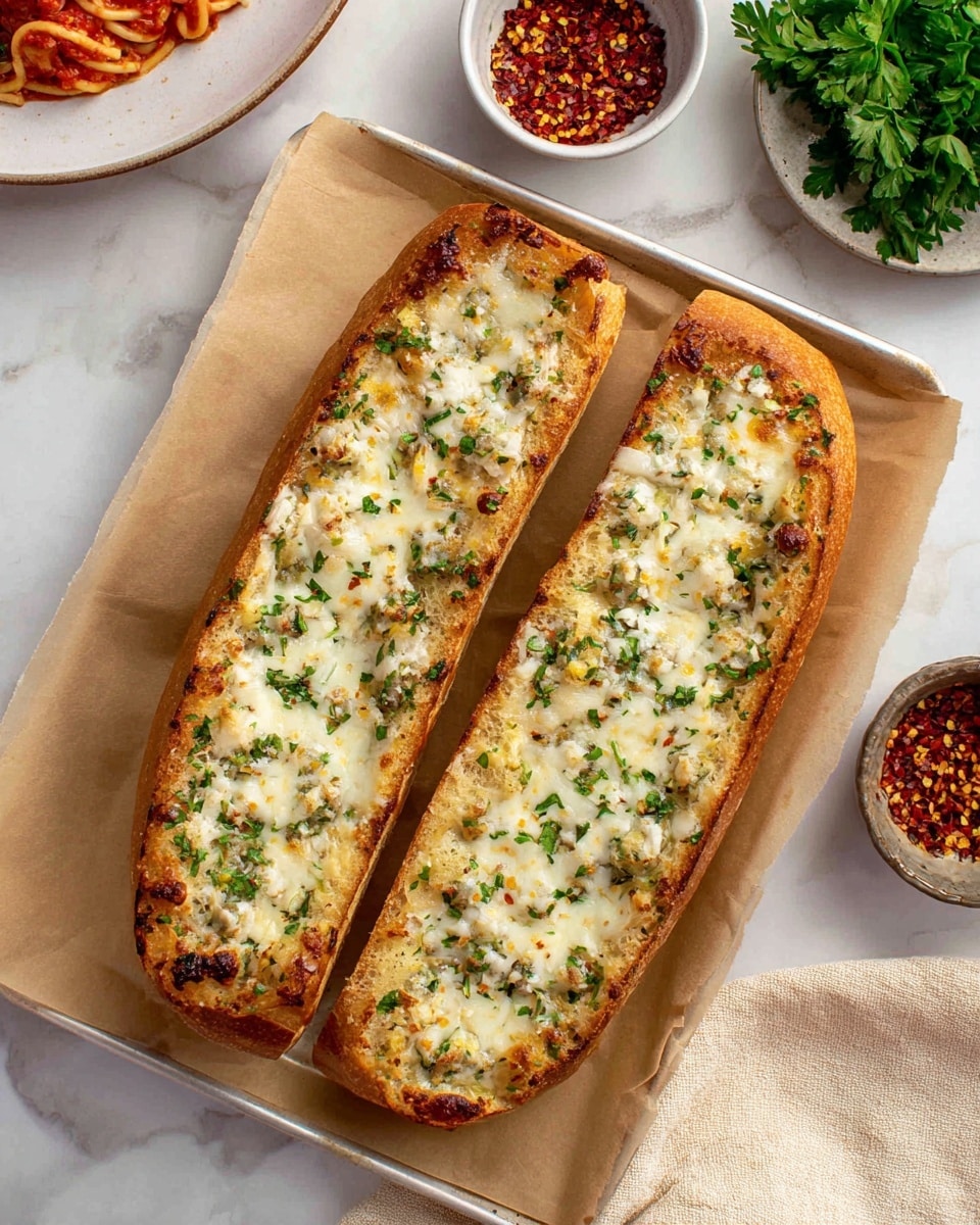 Two long slices of garlic bread lie side by side on a baking sheet lined with light brown parchment paper. The bread has a golden brown crust, topped with a layer of melted cheese mixed with finely chopped green herbs spread evenly across the surface. In the top part of the image, a white plate with red tomato pasta and meatballs is partly visible, along with two small bowls on the right filled with red chili flakes and fresh green parsley. The background has a white marbled texture, and a beige cloth is casually placed on the lower right side of the image. Photo taken with an iphone --ar 4:5 --v 7