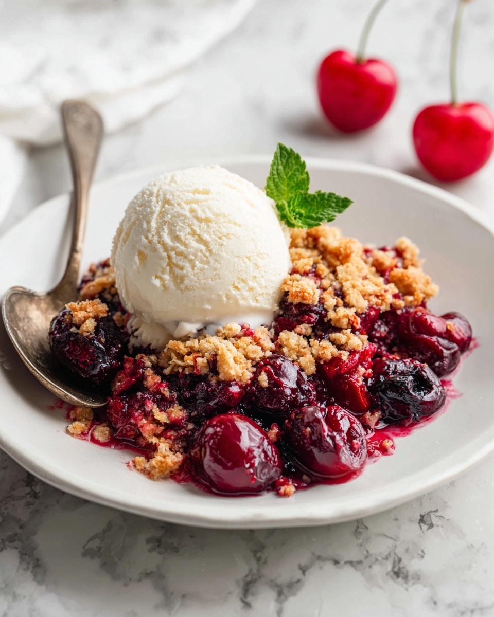 A white bowl holds a cherry crumble dessert with three layers: a deep red cherry filling at the bottom, a thick golden-brown oat crumble layer on top, and three smooth, round scoops of creamy pale yellow ice cream placed to the right side. A small green mint leaf sits near the ice cream for a fresh touch. Two whole red cherries lie near the top edge of the bowl, all set on a white marbled surface. photo taken with an iphone --ar 4:5 --v 7