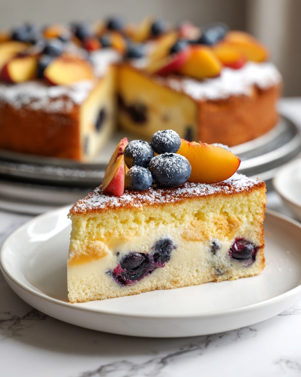 A slice of fruit cake on a white plate sitting on a white marbled surface, showing three layers: the bottom layer is a golden brown crust, the middle layer is a light yellow cake with visible blueberries inside, and the top layer is decorated with fresh peach slices and whole blueberries, all lightly dusted with powdered sugar. The background shows the rest of the cake on a metal tray. Photo taken with an iphone --ar 4:5 --v 7