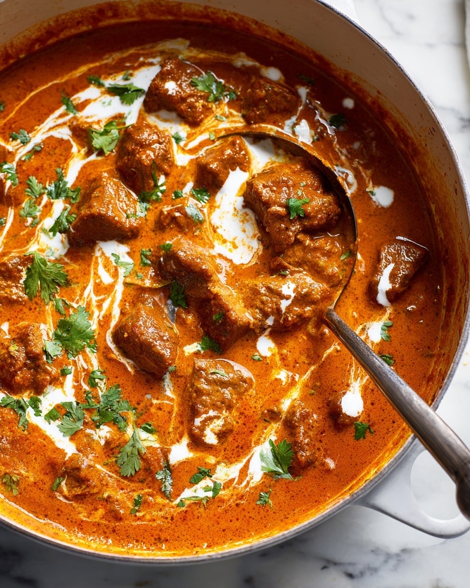 The image shows a close-up of a large pot filled with a rich, creamy orange curry. The curry has small chunks of tender meat spread throughout, with a smooth, slightly thick texture. Swirls of white cream are drizzled on top, creating a marbled effect. Fresh green cilantro leaves are scattered over the surface, adding a fresh touch of color. A metal ladle scoops some of the curry from the pot, which sits on a white marbled surface. photo taken with an iphone --ar 4:5 --v 7