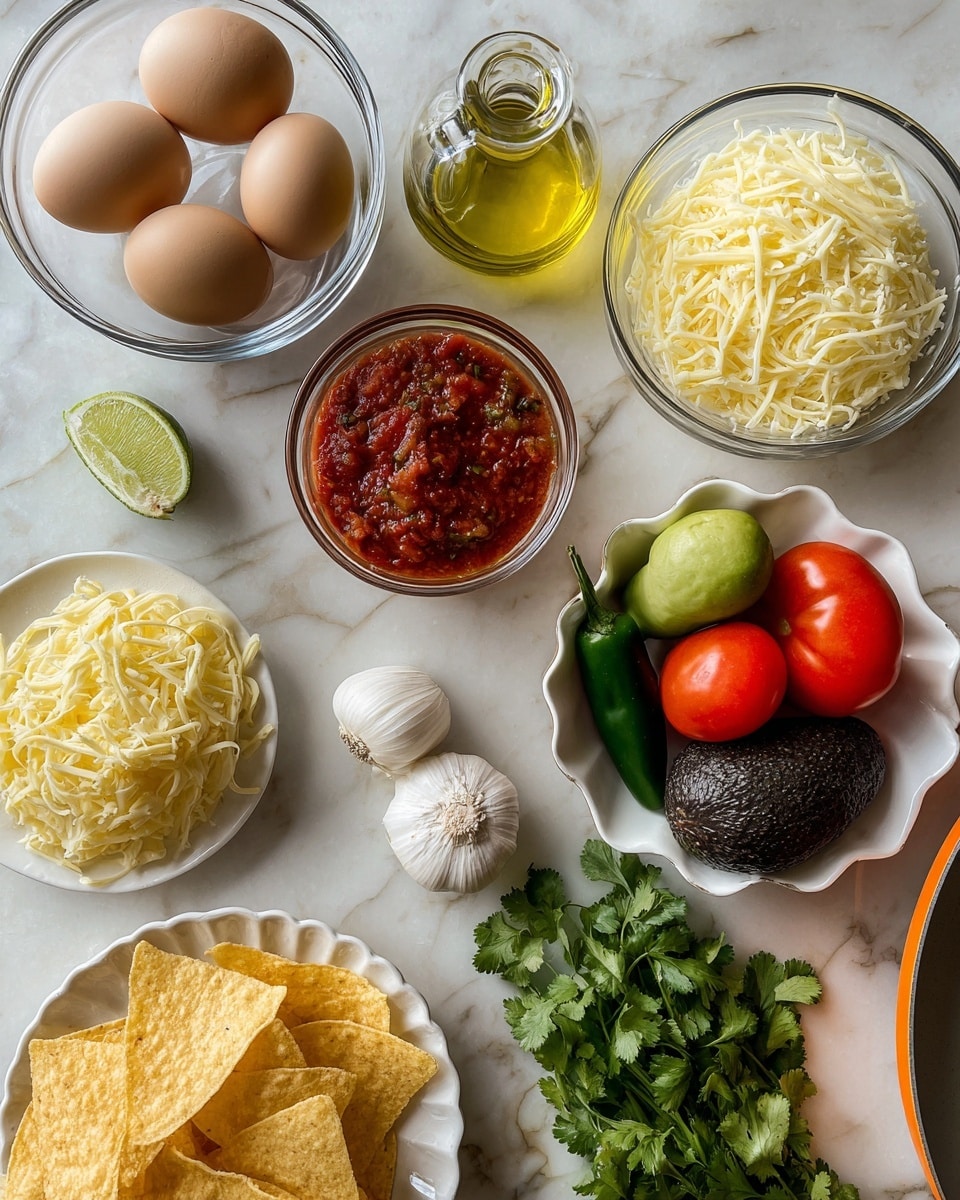 The image shows a collection of fresh ingredients on a white marbled surface. In the top left, a clear glass bowl holds four brown eggs. Next to it, a small clear glass bottle filled with light yellow oil is visible. A white bowl with chunky red salsa sits below the eggs. To the right of the salsa, there's a clear bowl filled with shredded pale yellow cheese. Nearby, a bunch of fresh green cilantro leaves lay on the surface along with a white garlic clove. A bowl with a scalloped edge, colored white, contains a dark green avocado, two red tomatoes, a white onion, a green jalapeño, and a green lime. At the bottom left, a small stack of yellow corn tortillas and several triangular tortilla chips rest on the surface. In the bottom right corner, part of a white and orange frying pan is visible. Photo taken with an iphone --ar 4:5 --v 7