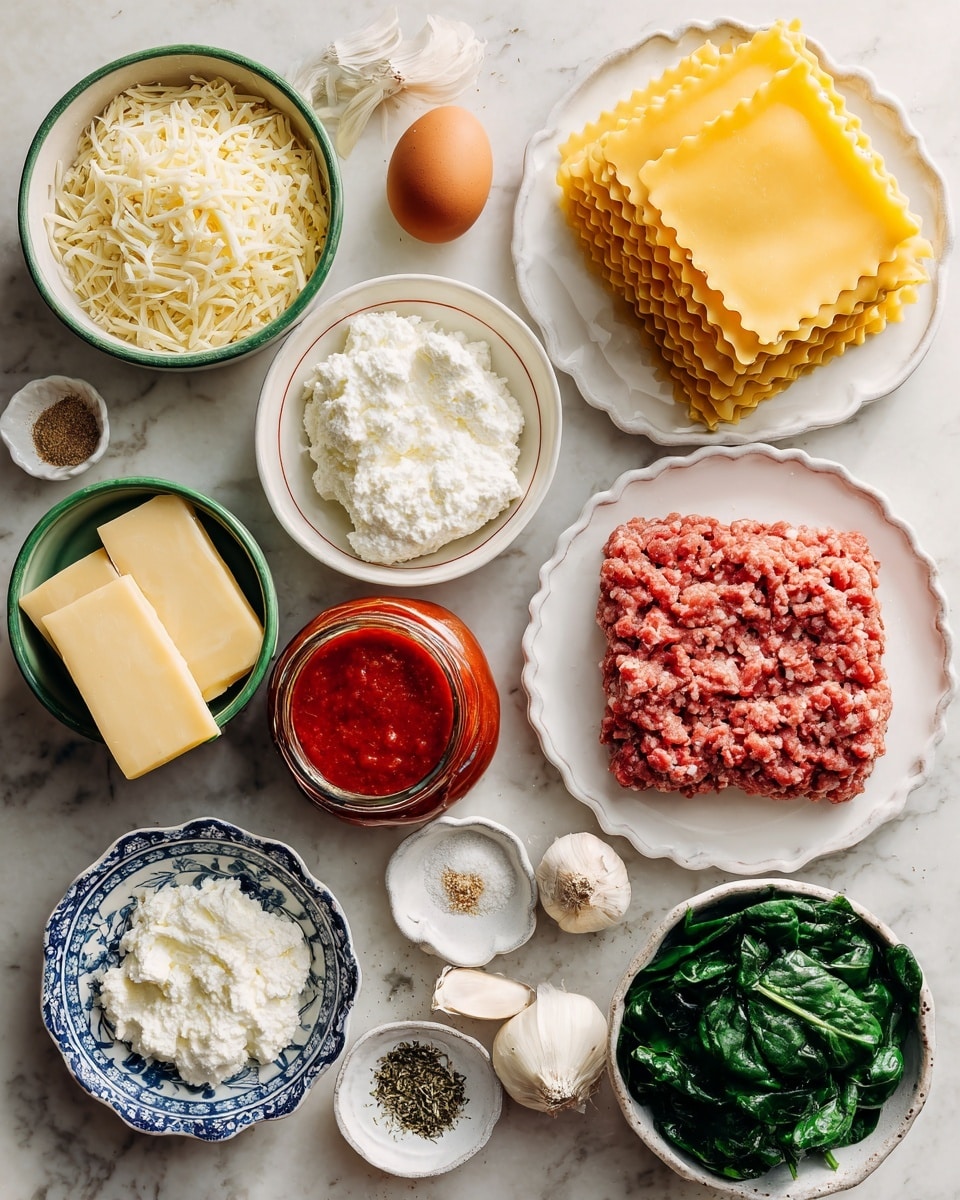 The image shows a flat lay of lasagna ingredients arranged on a white marbled surface. On the top right, there is a white round plate holding raw ground meat in a square shape with a layered texture. Below it, there is a white plate with stacked yellow lasagna sheets that have wavy edges. Next to these, there is a round bowl filled with white ricotta cheese, and nearby are two pieces of pale yellow parmesan blocks. Towards the top left, a green bowl contains a pile of shredded mozzarella cheese, showing a soft, stringy texture. Below it, a white bowl with blue patterns holds fresh green spinach leaves with smooth surfaces. In the center, a jar of red tomato sauce sits surrounded by small dishes each holding different ingredients: one with an egg in a scalloped blue plate, another with white grated cheese in a rough gray bowl, and small white scalloped plates with dried herbs and seasonings. Two garlic cloves and a cut yellow onion half are also placed among the ingredients. Photo taken with an iphone --ar 4:5 --v 7