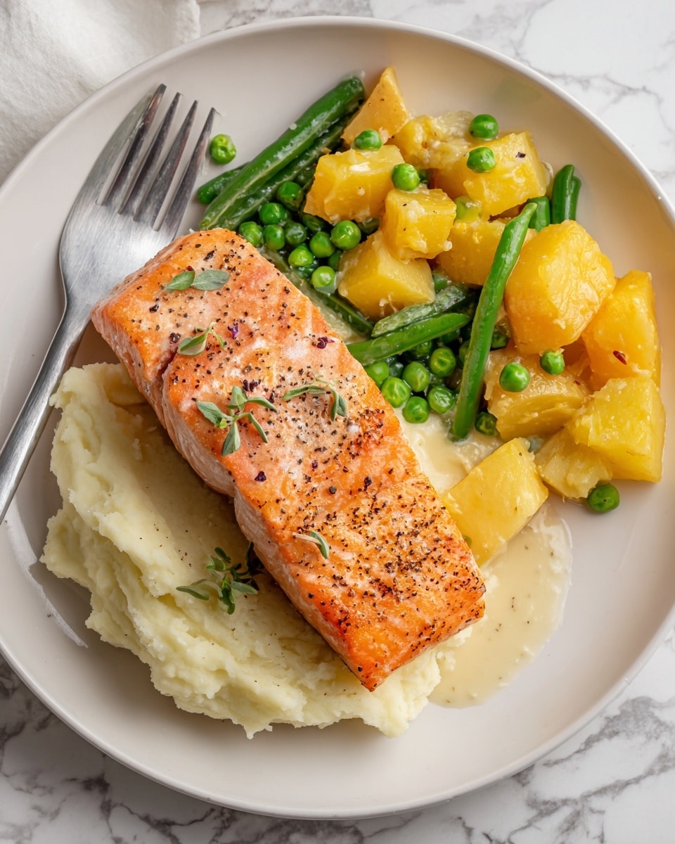 A white plate holds a piece of cooked salmon with a golden-orange cooked top sprinkled with black pepper and small green herb leaves. Below the salmon lies a thick layer of creamy mashed potatoes, light beige in color with a soft and smooth texture. On one side of the plate, there are bright green peas and green beans mixed with small cubes of cooked yellow potatoes, all coated in a light creamy sauce. A silver fork is placed near the top left of the plate on the white marbled surface. photo taken with an iphone --ar 4:5 --v 7