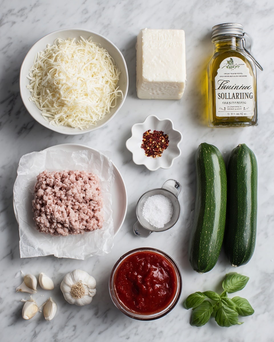 The image shows a white marbled surface with various cooking ingredients spread out neatly. Starting from the top left, there is a white bowl filled with finely shredded cheese and a block of cheese resting inside. Next to it, a glass jar labeled