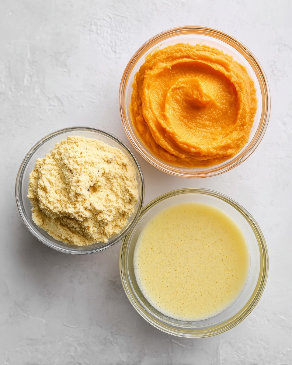 Three clear glass bowls hold different ingredients on a white marbled surface. The top left bowl contains a pale yellow protein pancake mix with small darker specks. The top right bowl is filled with smooth, bright orange pumpkin puree, showing soft curves and texture on its surface. The bottom bowl holds light yellow egg whites that look slightly foamy and liquid. Each bowl is clearly separated with no ingredients overlapping. Photo taken with an iphone --ar 4:5 --v 7