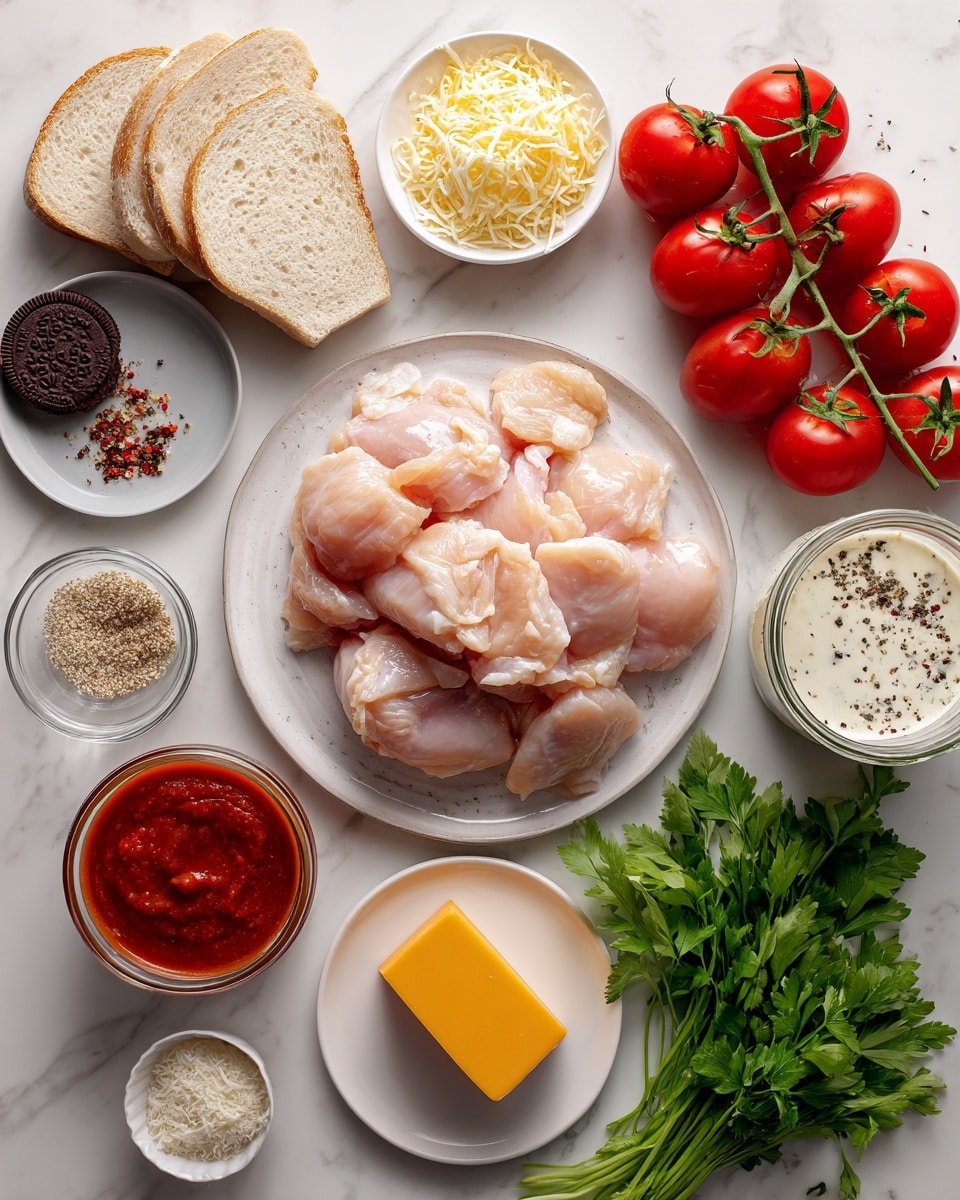 The image shows raw chicken pieces placed in the center on a round white plate, surrounded by layers of fresh ingredients: bright red cherry tomatoes on the vine resting on a white marbled surface at the top right, fresh green parsley and green onions with leafy tops placed at the bottom right, and a thick yellow block of cheese on a smaller round white plate near the bottom center. There are also slices of white and brown bread near the top left, shredded cheese in a small white bowl below them, a round dark chocolate cookie on a tiny white plate at the upper left corner, a bowl of red tomato sauce near the bottom left, a small bowl of bread crumbs, a glass jar filled with creamy white sauce sprinkled with black pepper to the right of the chicken, and a red carton of ranch chicken seasoning at the top right. The whole layout is on a clean white marbled surface. Photo taken with an iphone --ar 4:5 --v 7
