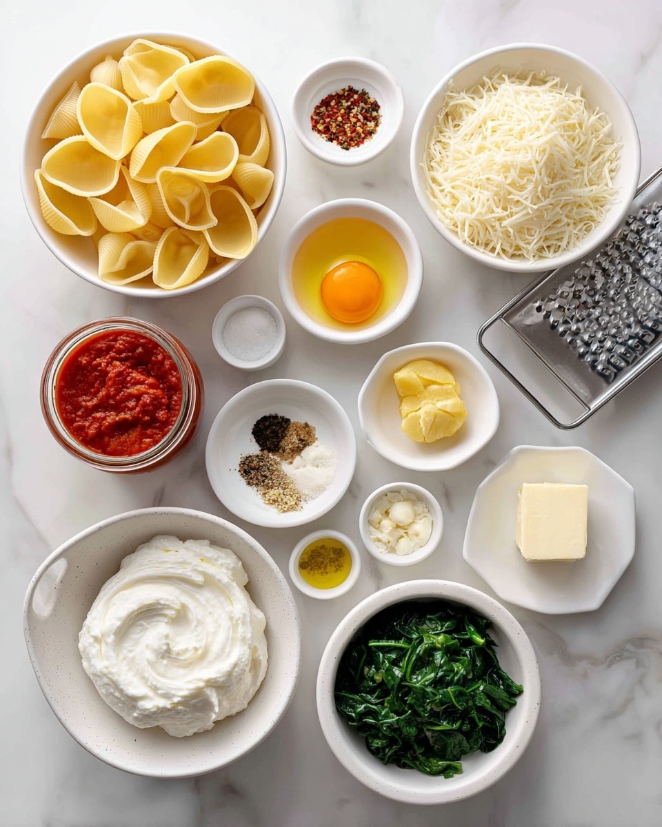 The image shows various cooking ingredients arranged neatly on a white marbled surface. There are large yellow pasta shells in a white bowl on the left side. Above that, there is a white bowl filled with shredded white cheese. Next to it is a small white bowl with an egg yolk and a glass jar full of red tomato sauce. Below the jar, there is a white bowl with smooth, creamy white ricotta cheese. To the right, there is a small white plate with a square of butter, and next to it, a tiny dish with grated lemon peel and a whole lemon. Other small white bowls hold minced garlic, grated Parmesan cheese, and a blend of spices including salt, pepper, oregano, and chili flakes. At the bottom, a speckled white bowl contains chopped green spinach, and near it, a small glass bowl has light yellow olive oil. A metal grater is partially visible to the right photo taken with an iphone --ar 4:5 --v 7