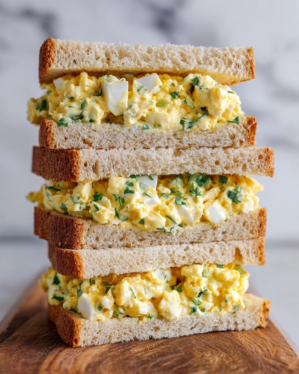 The image shows three stacked egg salad sandwiches on a wooden board. Each sandwich has two layers of soft, light brown bread with a thick filling of chopped yellow and white egg salad mixed with small bits of green herbs. The filling looks creamy and is evenly spread between the bread slices. The background and surface have a white marbled texture, giving a clean and bright look. photo taken with an iphone --ar 4:5 --v 7
