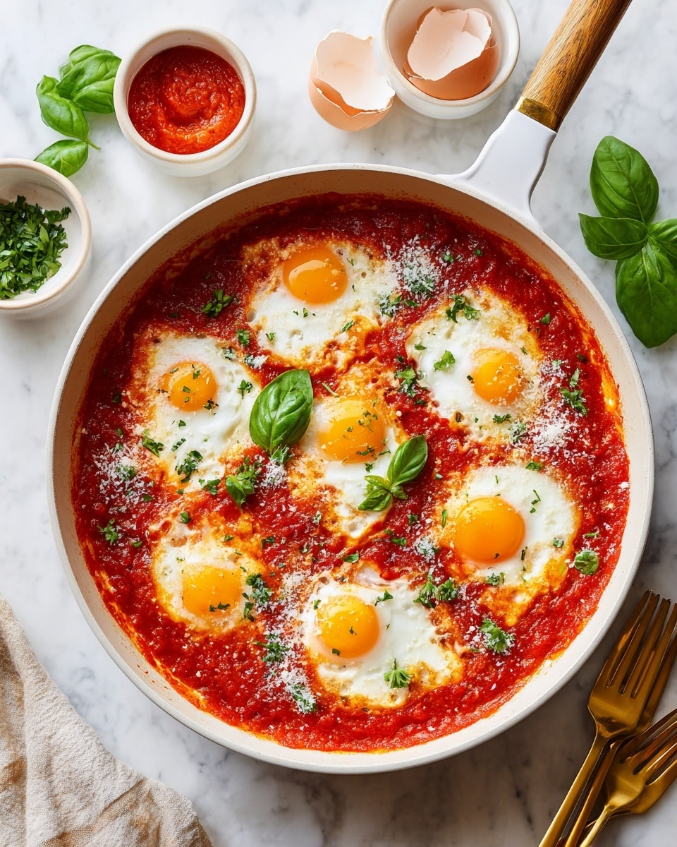 A close view of a dish showing two layers of bright red tomato sauce with some green chopped herbs sprinkled on top. Two fried eggs sit on the sauce, one with a shiny bright yellow runny yolk spreading out on the bottom layer, the white cooked but soft. A piece of light golden, airy bread rests on the left side, partly dipped in the yolk. A fresh green basil leaf is placed near the bread adding a pop of color. The dish is on a white plate, set on a white marbled surface. Photo taken with an iphone --ar 4:5 --v 7